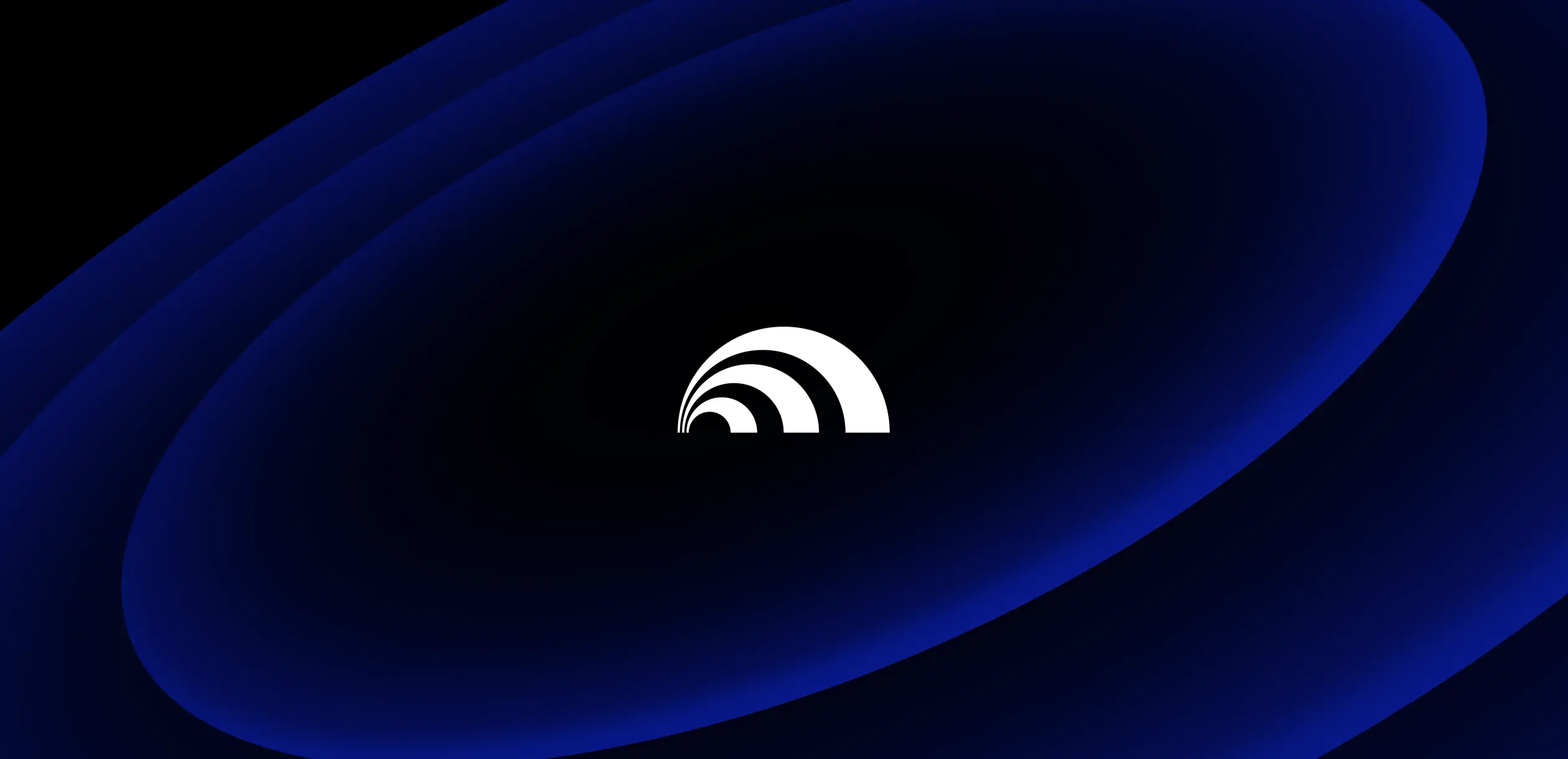A minimalist design featuring a white, arching logo centered against a deep blue and black gradient background.