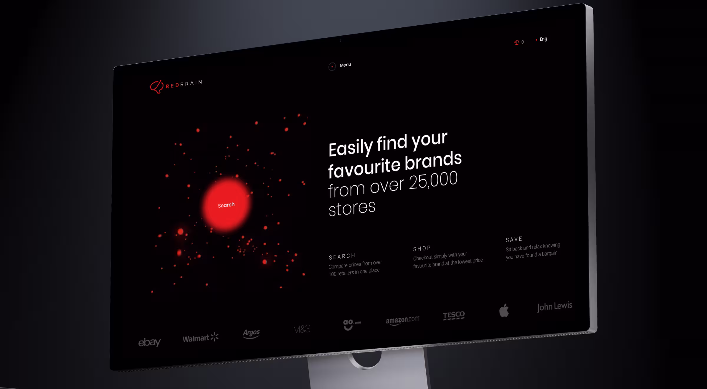E-commerce search platform interface displayed on a desktop screen, featuring a dark UI with a central search interaction and brand discovery flow, illustrating conversion-focused UX design for online retail and price comparison platforms