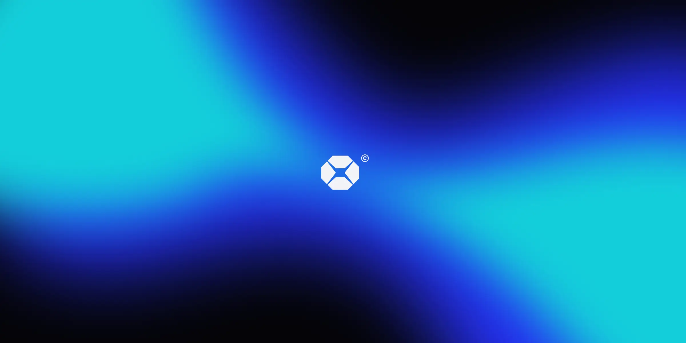 Abstract gradient background in blue and cyan hues, featuring a white logo at the center.