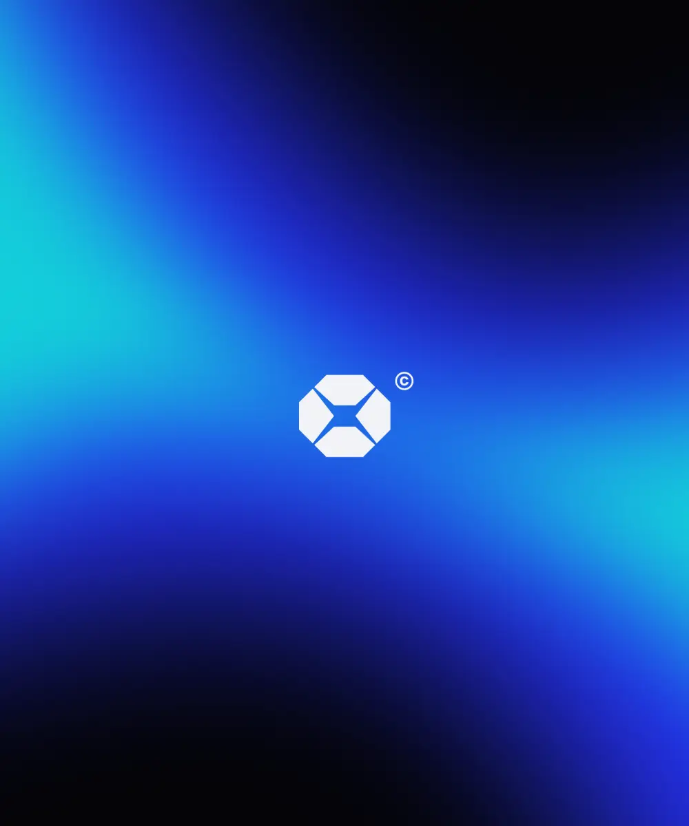 Abstract gradient background in blue and cyan hues, featuring a white logo at the center.