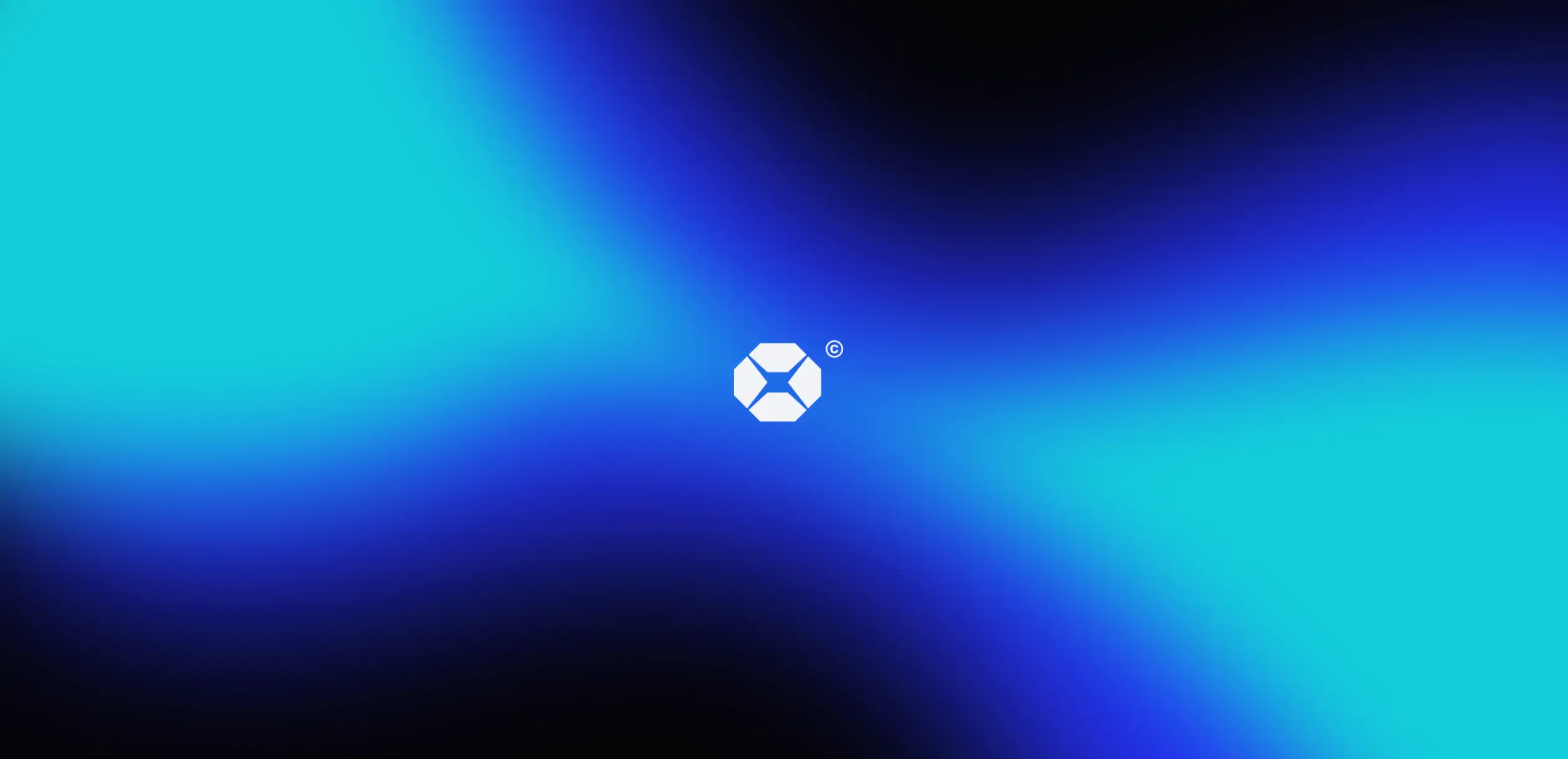 Abstract gradient background in blue and cyan hues, featuring a white logo at the center.