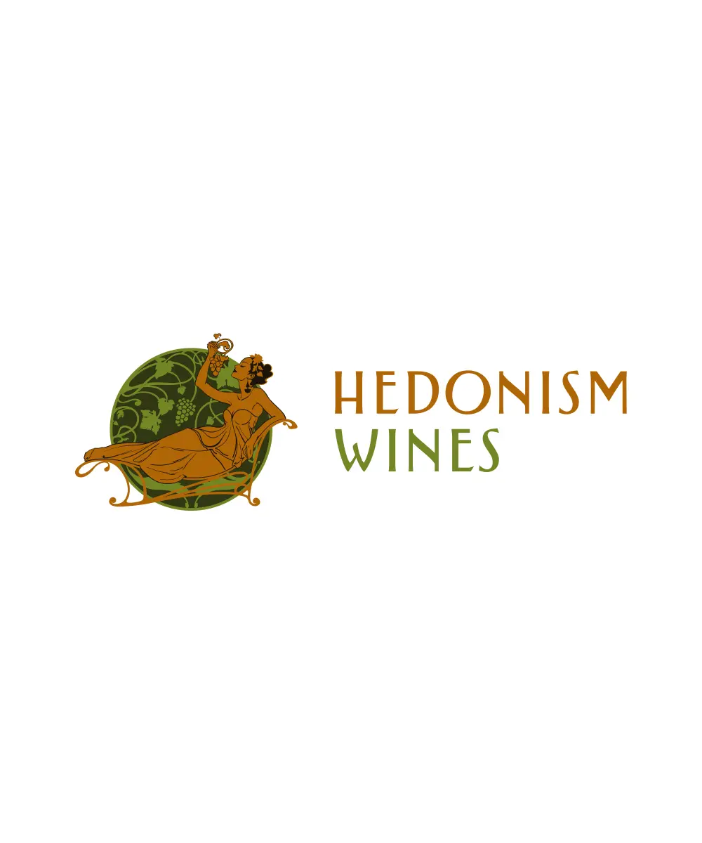 Logo of Hedonism Wines featuring a stylized figure enjoying wine amidst grapevine motifs, with the brand name prominently displayed.