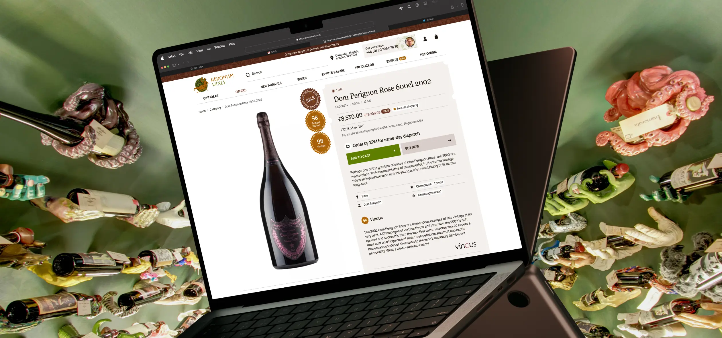 Logo of Hedonism Wines featuring a stylized figure enjoying wine amidst grapevine motifs, with the brand name prominently displayed.