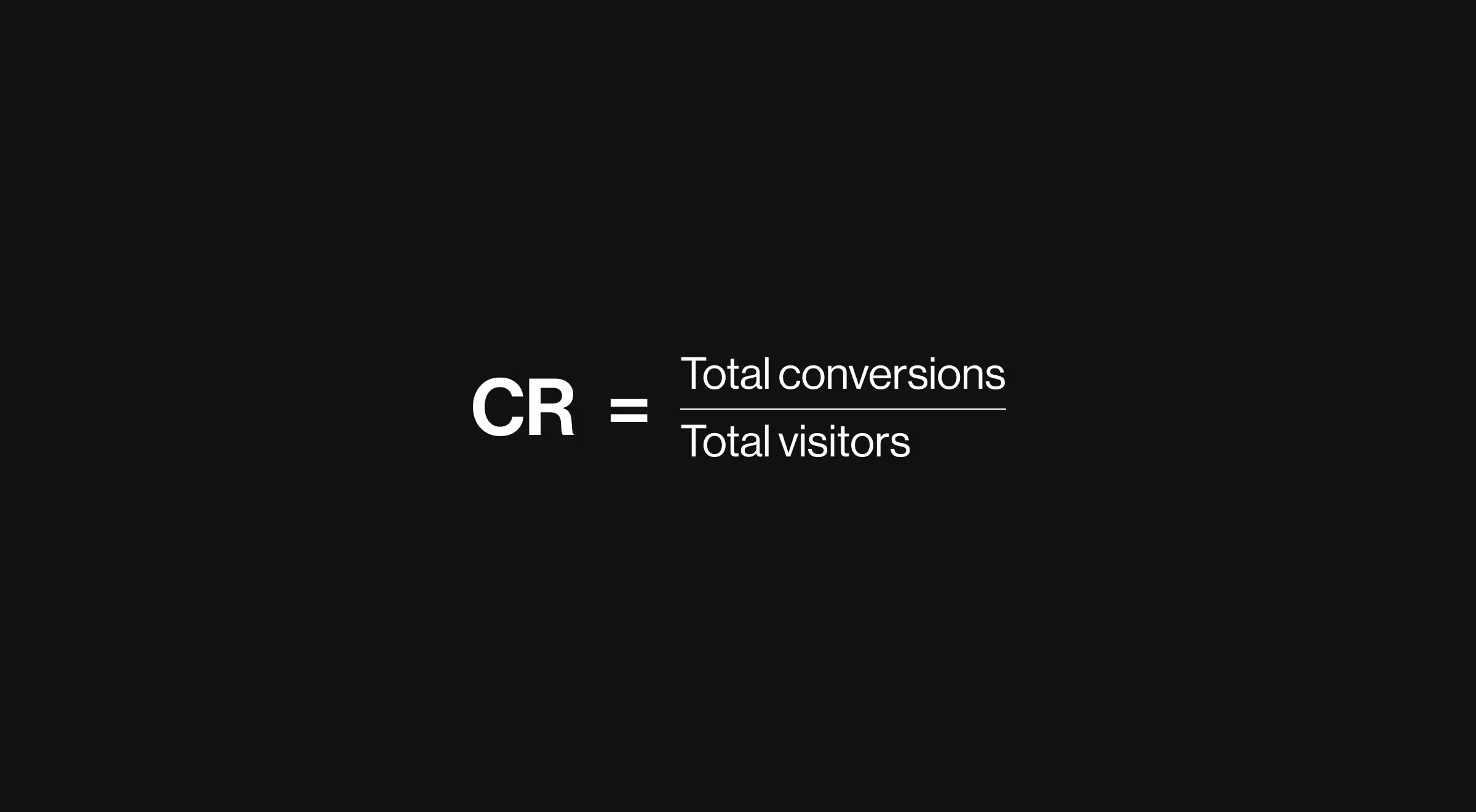 Minimalist graphic showing the conversion rate formula as total conversions divided by total visitors, explaining how CR is calculated for UX optimization and performance analysis
