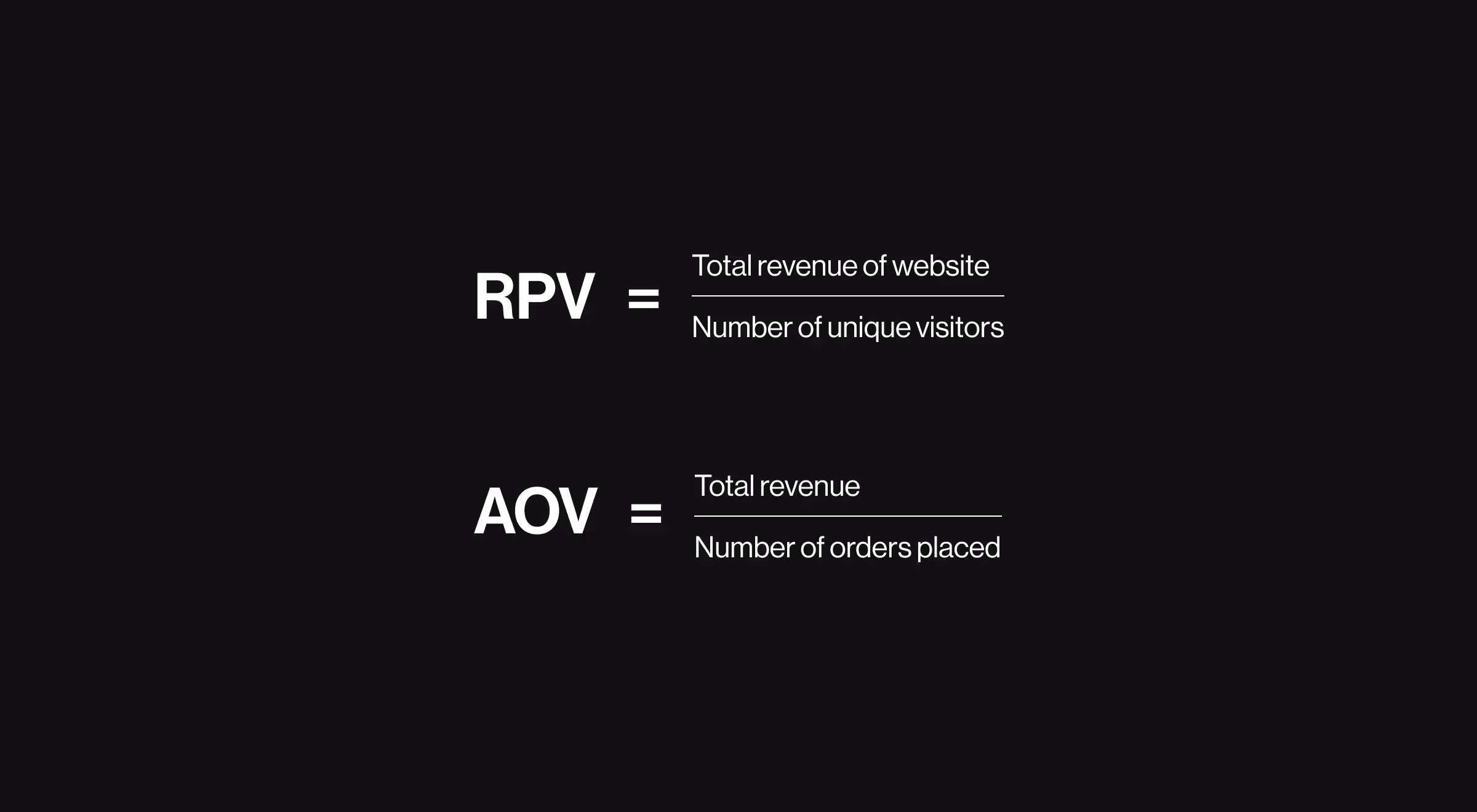 Minimalist graphic presenting key ecommerce metrics formulas for RPV (revenue per visitor) and AOV (average order value), explaining how revenue efficiency and purchase behavior are calculated for UX and conversion analysis