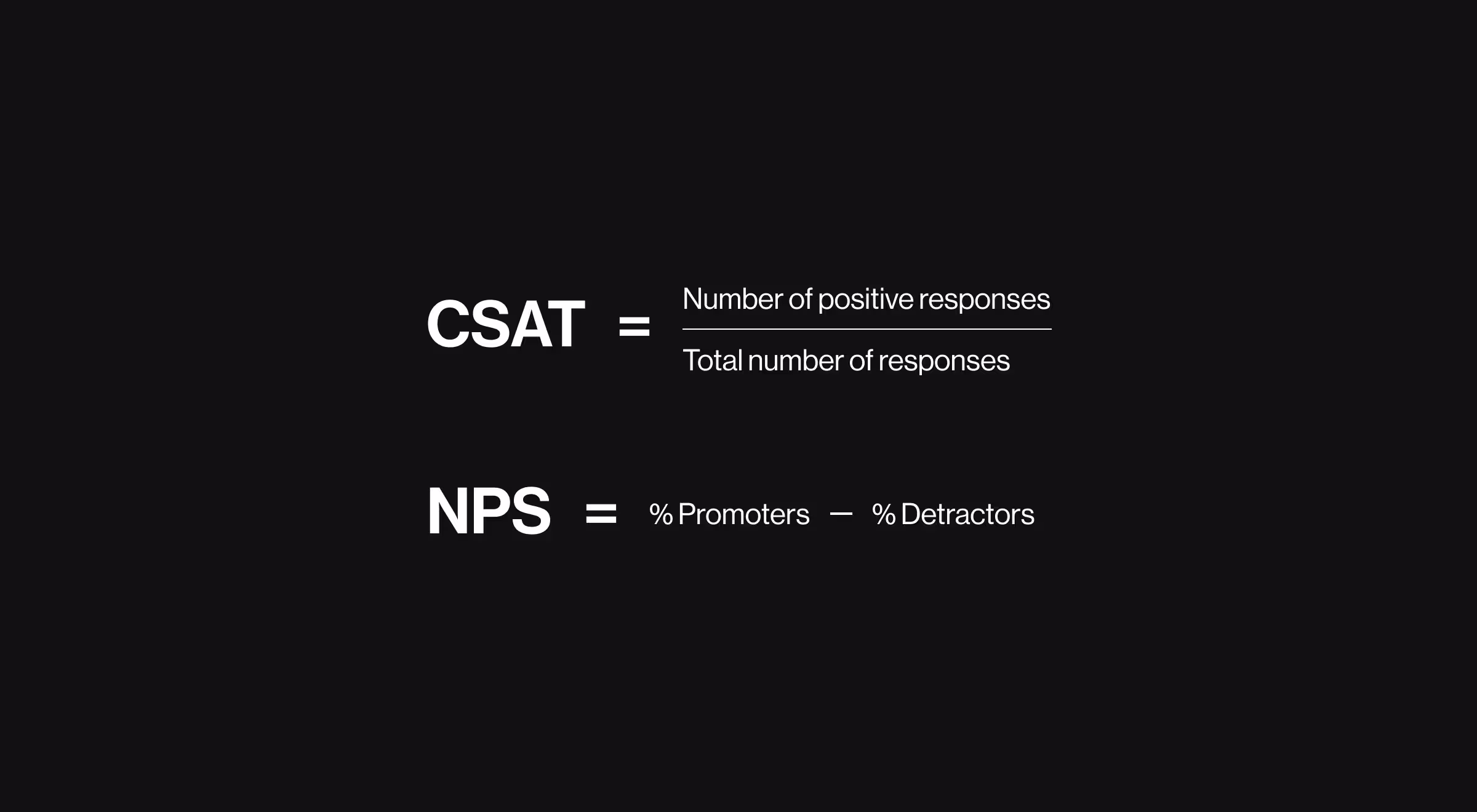 Minimalist graphic explaining customer satisfaction metrics with formulas for CSAT (positive responses divided by total responses) and NPS (percentage of promoters minus percentage of detractors), used for UX research and product experience measurement