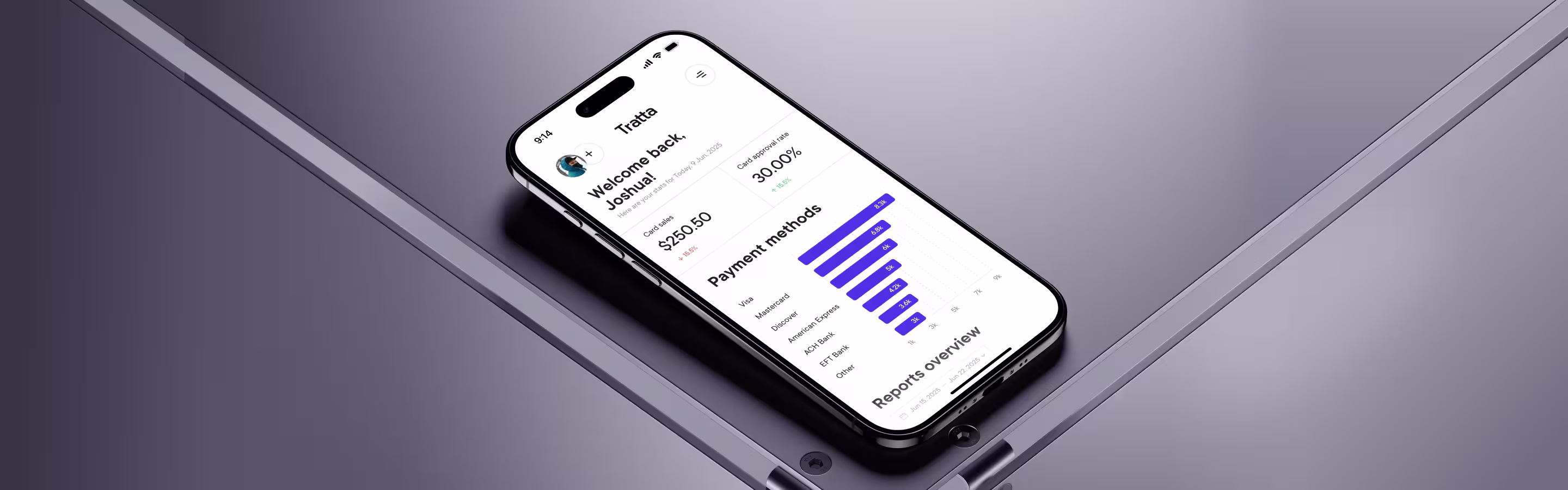 A smartphone displaying the Tratta app interface, showing welcome message, card sales, approval rate, and payment methods statistics.