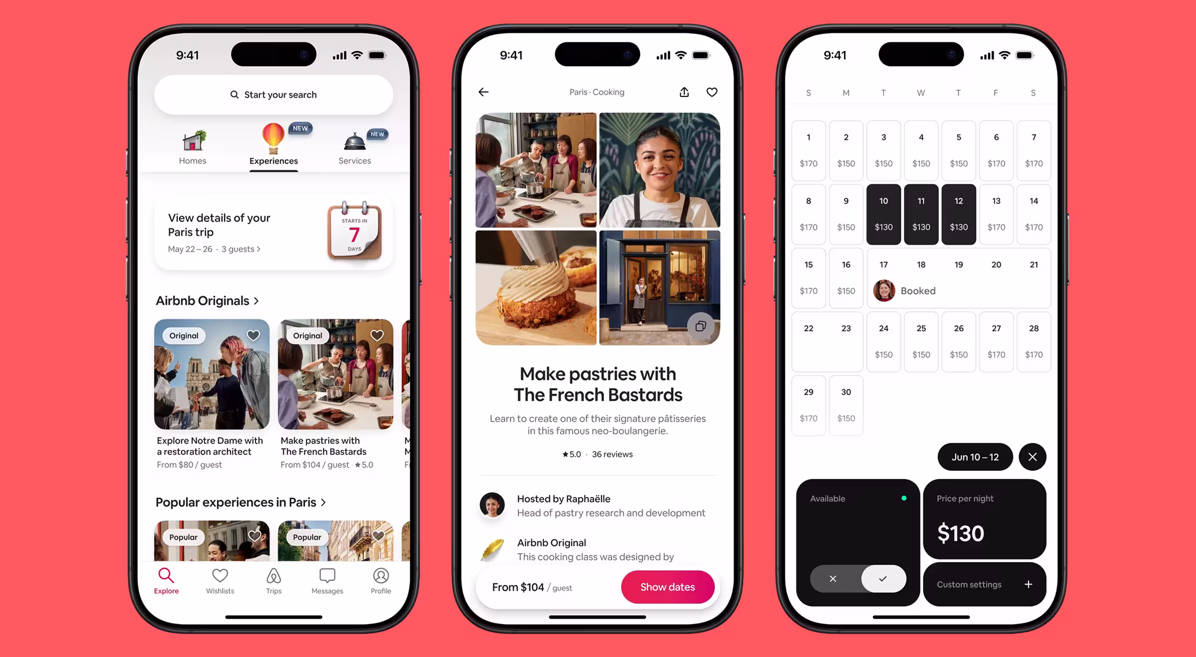 Airbnb mobile app interface showing booking flow with property images, ratings, pricing details, and calendar selection, demonstrating clean UX design and user-friendly interaction patterns for travel and accommodation search