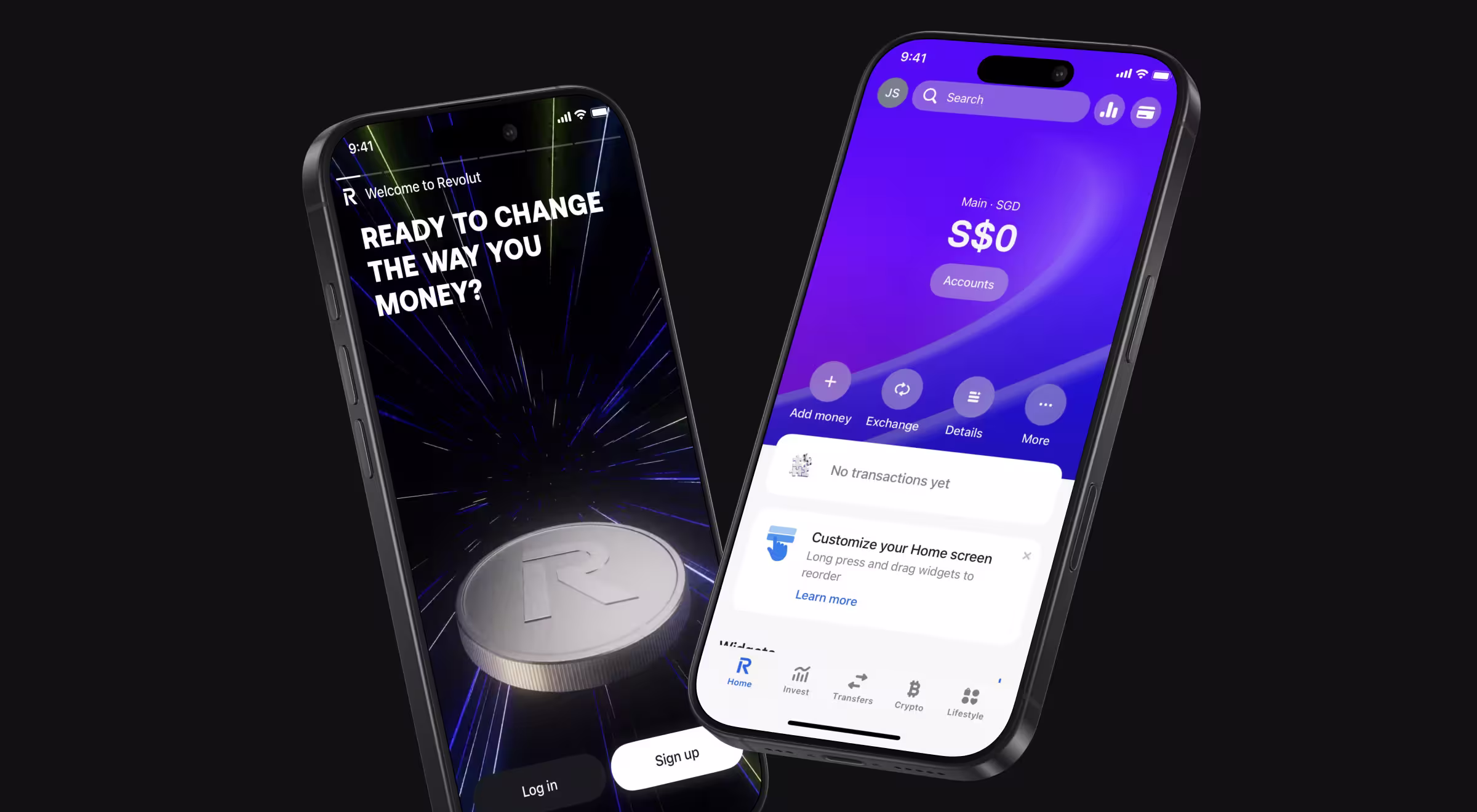 Revolut mobile app interface showing personal finance dashboard with account balance, spending analytics, cards management, and quick actions, illustrating intuitive fintech UX design and streamlined digital banking experience