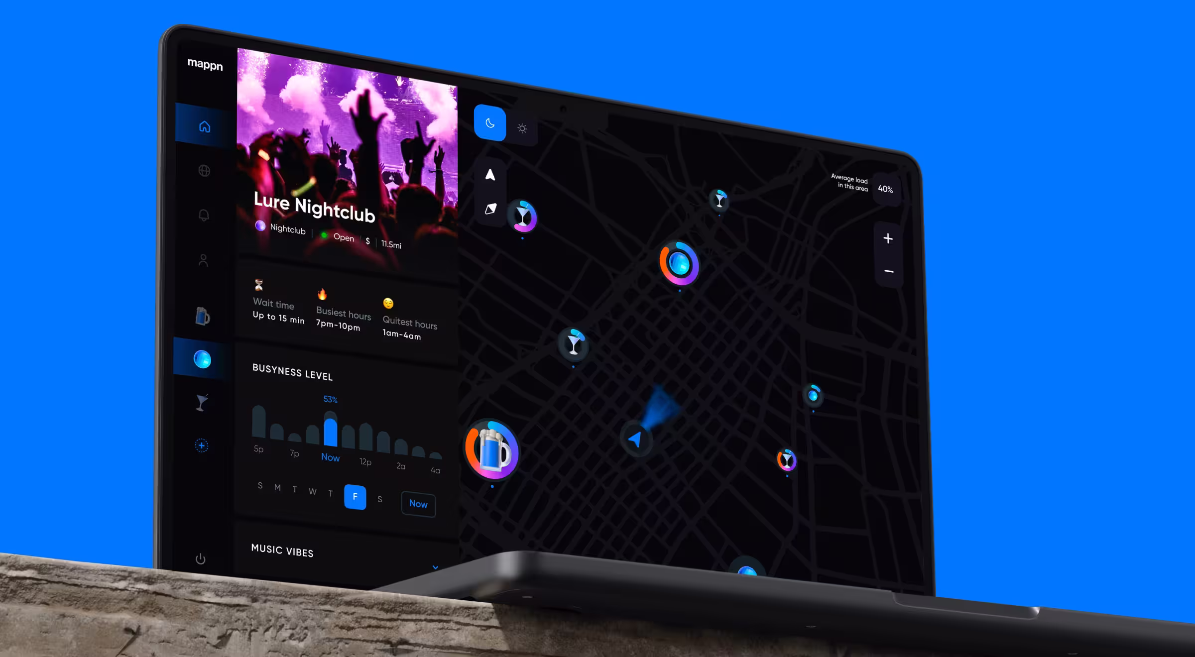 Dark-themed location discovery app interface displayed on a laptop screen, showing an interactive city map with activity indicators, venue cards, real-time busyness data, and nightlife recommendations, highlighting data-driven UX and map-based product design