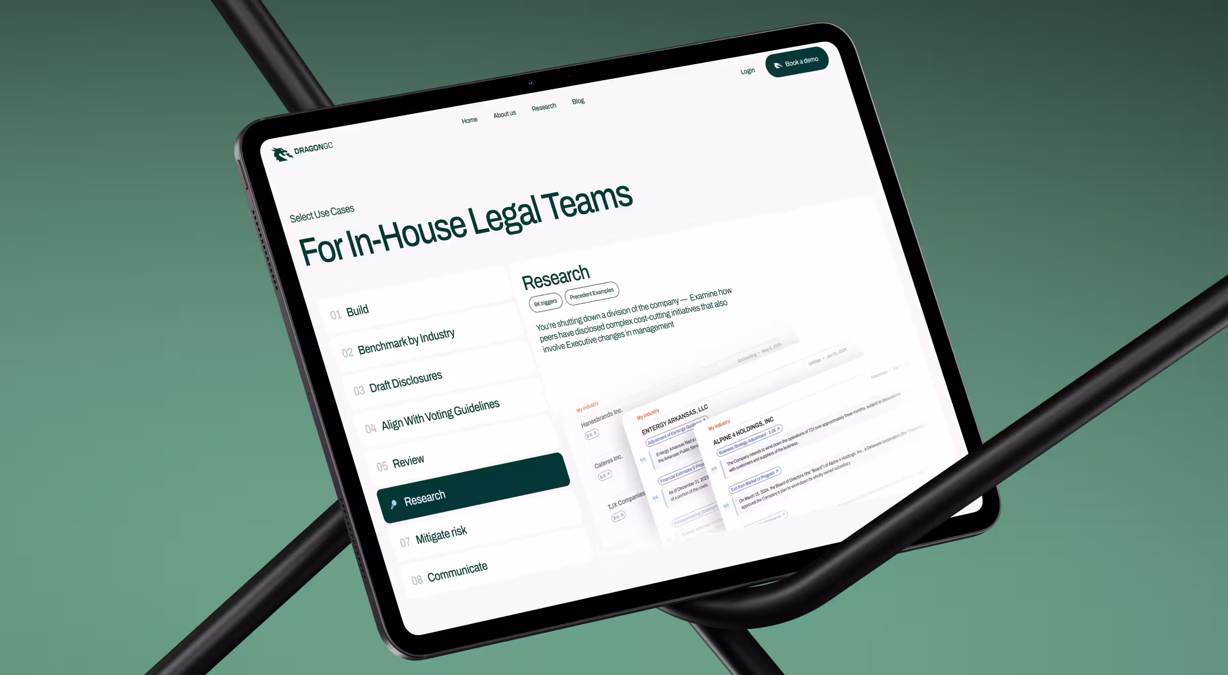 Tablet mockup displaying a legal-tech web application for in-house legal teams, featuring AI-powered research, benchmarking, disclosure drafting, and risk mitigation workflows within a clean enterprise UX interface