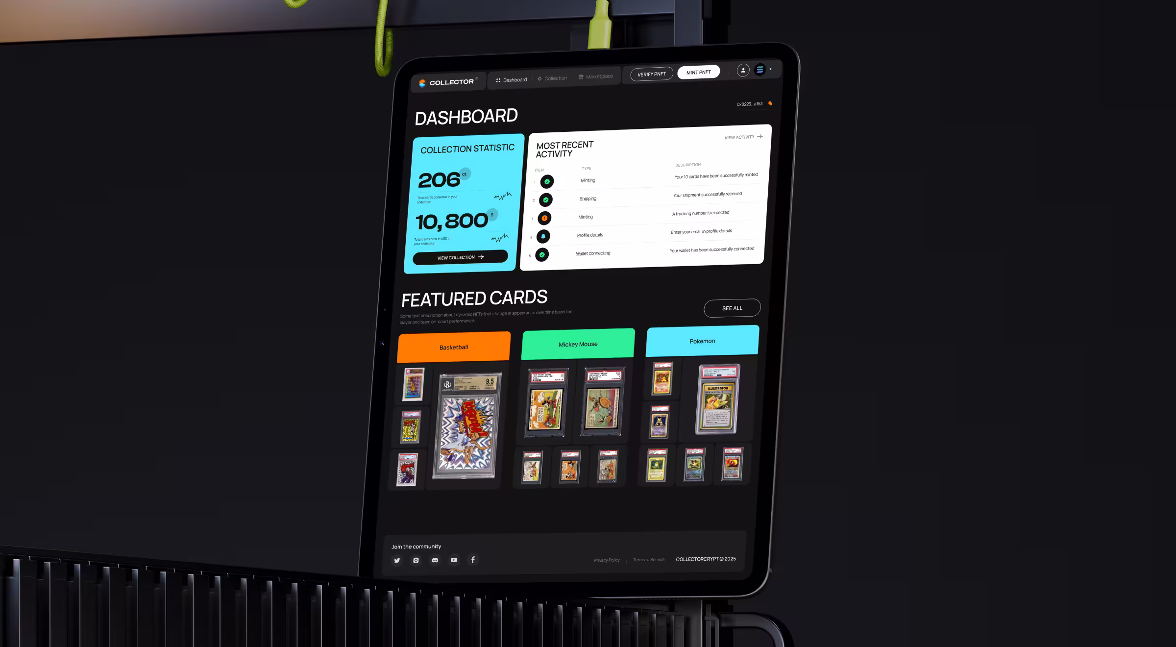 Tablet mockup showing a dark-mode NFT and digital collectibles dashboard with collection statistics, recent activity, and featured trading cards, illustrating a modern Web3 product interface and data-driven UX design