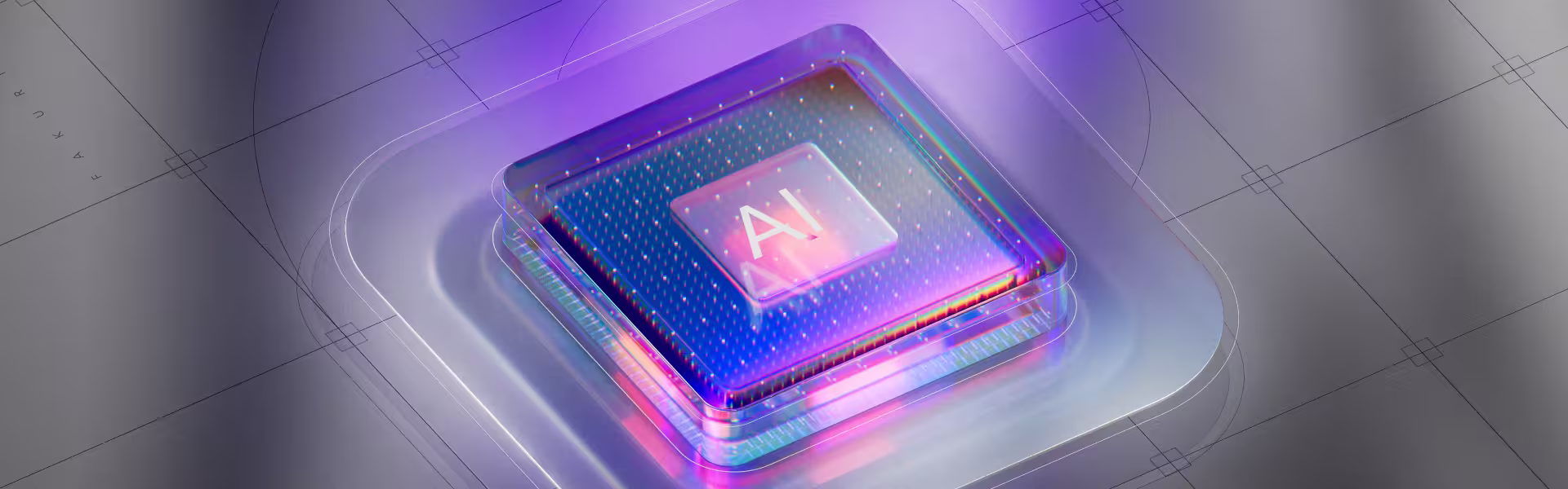 Abstract 3D illustration of an AI chip glowing in purple and blue tones, symbolizing artificial intelligence infrastructure, machine learning technology, and AI-driven product design for modern digital platforms