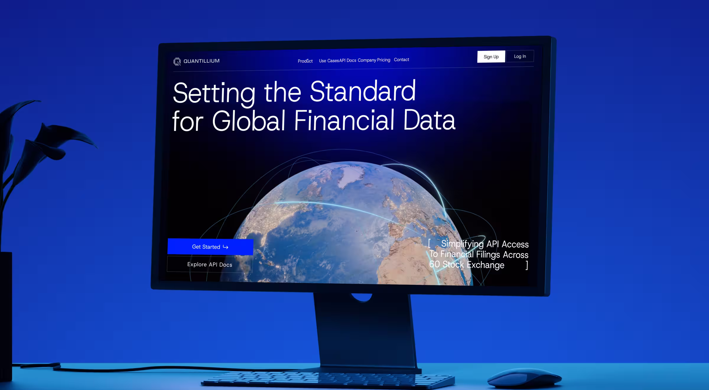 Blue-toned hero section on a desktop monitor showing a fintech website titled “Setting the Standard for Global Financial Data.” A globe with illuminated data paths sits at the center, with CTAs “Get Started” and “Explore API Docs,” and copy about simplifying API access to financial filings across 60 stock exchanges
