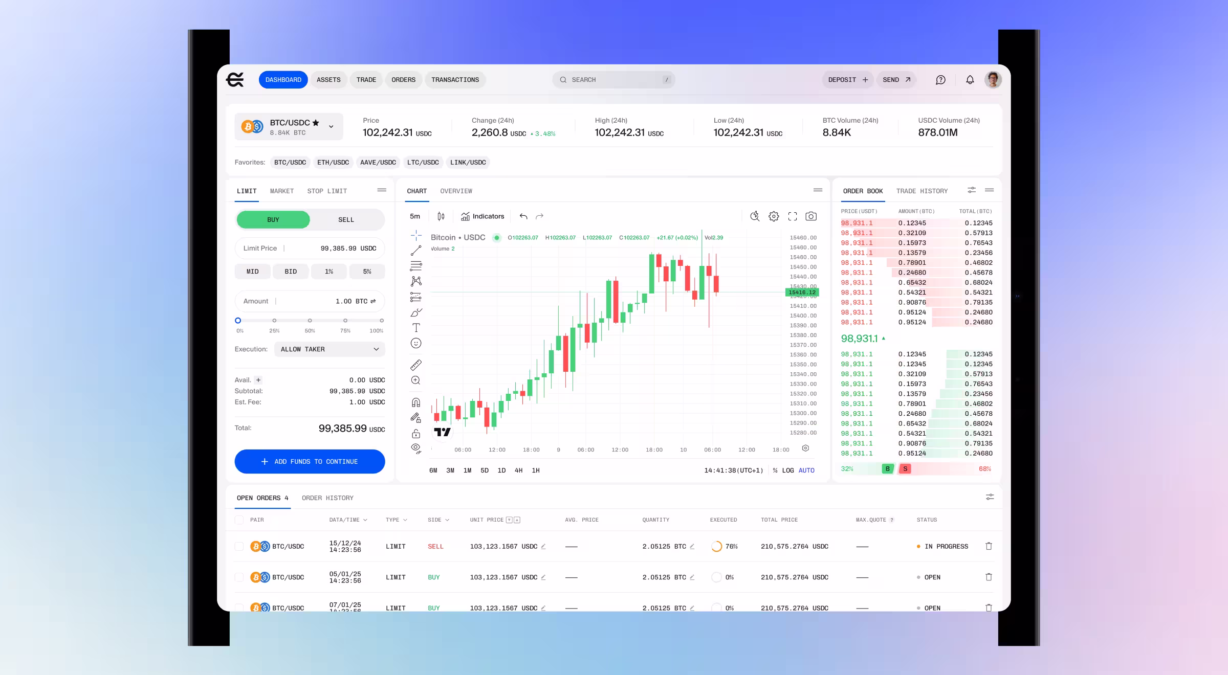 Desktop crypto trading interface showing a BTC/USDC market dashboard. The screen includes a candlestick price chart, buy and sell limit order panel, order book with live bids and asks, recent trade history, and open orders table, presented in a clean, exchange-style UI