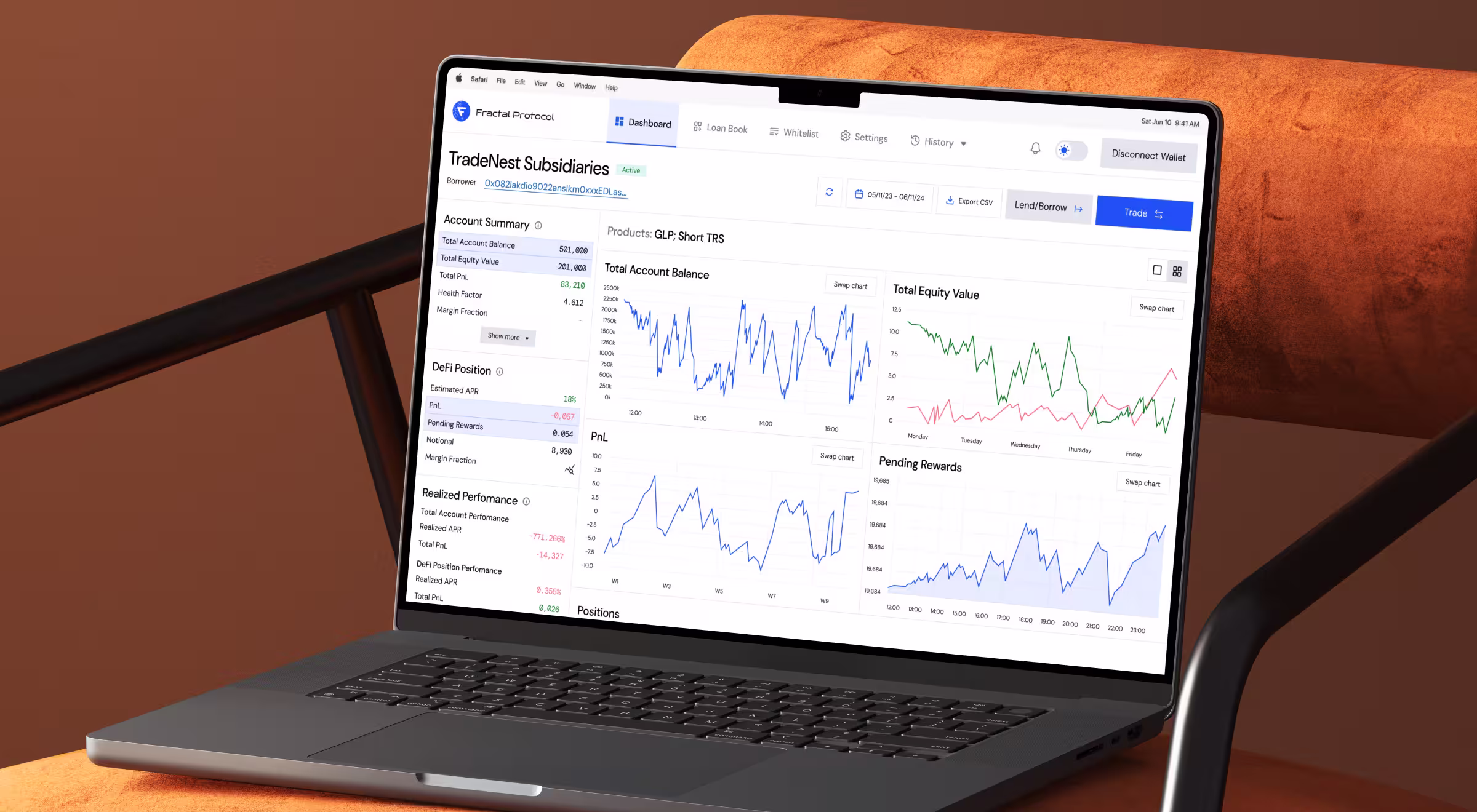 Laptop placed on a modern chair displaying the Fractal Protocol dashboard. The interface shows a DeFi trading and lending overview with account summary, equity value, PnL, pending rewards, and multiple line charts, using a clean light UI with blue and green data visualizations against a warm brown background