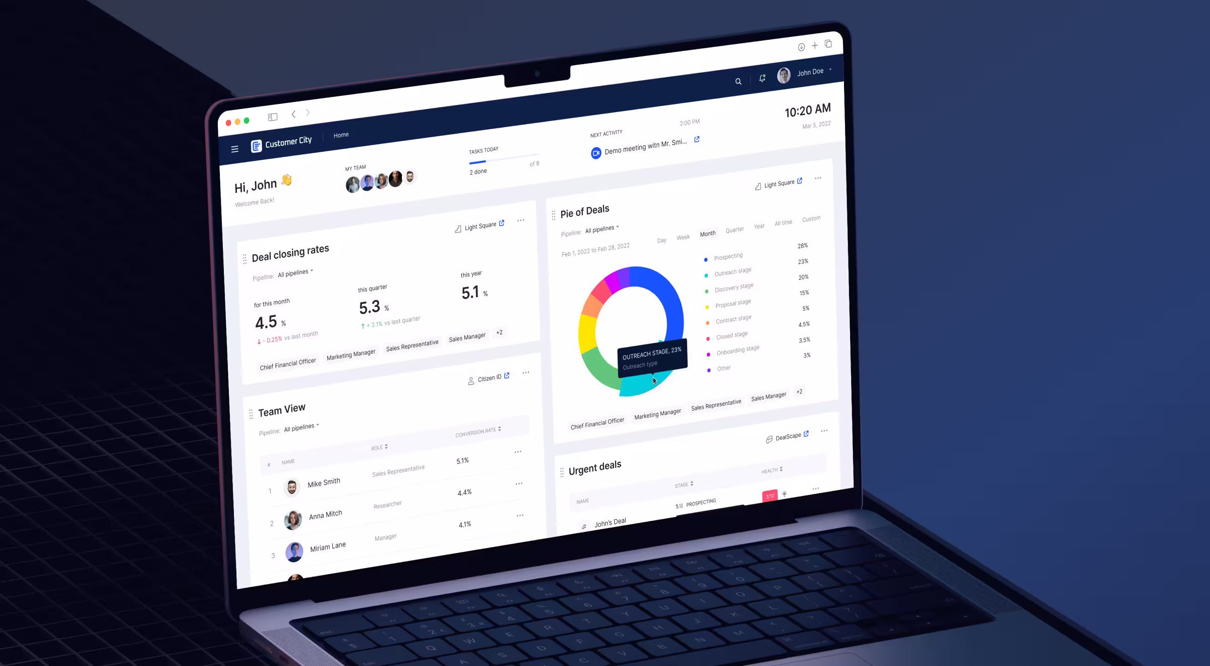 Laptop on a dark blue background showing the Customer City dashboard. The interface displays sales analytics including deal closing rates, a pie chart of deal stages, team performance tables, and urgent deals, with a clean light UI, blue accents, and a CRM-style layout