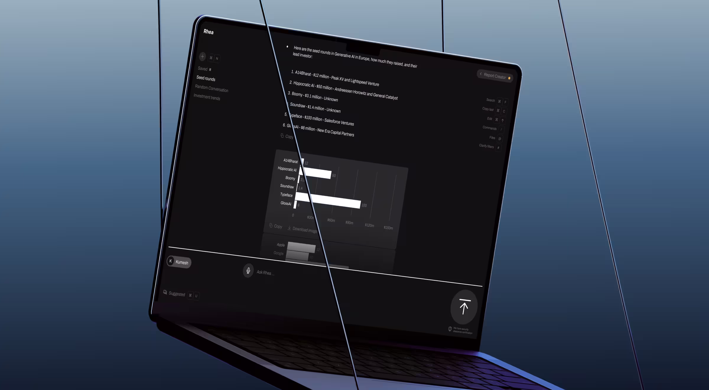 Laptop suspended against a blue gradient background, showing a dark-mode analytics interface with AI-generated research notes and a bar chart comparing funding rounds, intersected by thin diagonal cables that add a dramatic, editorial feel
