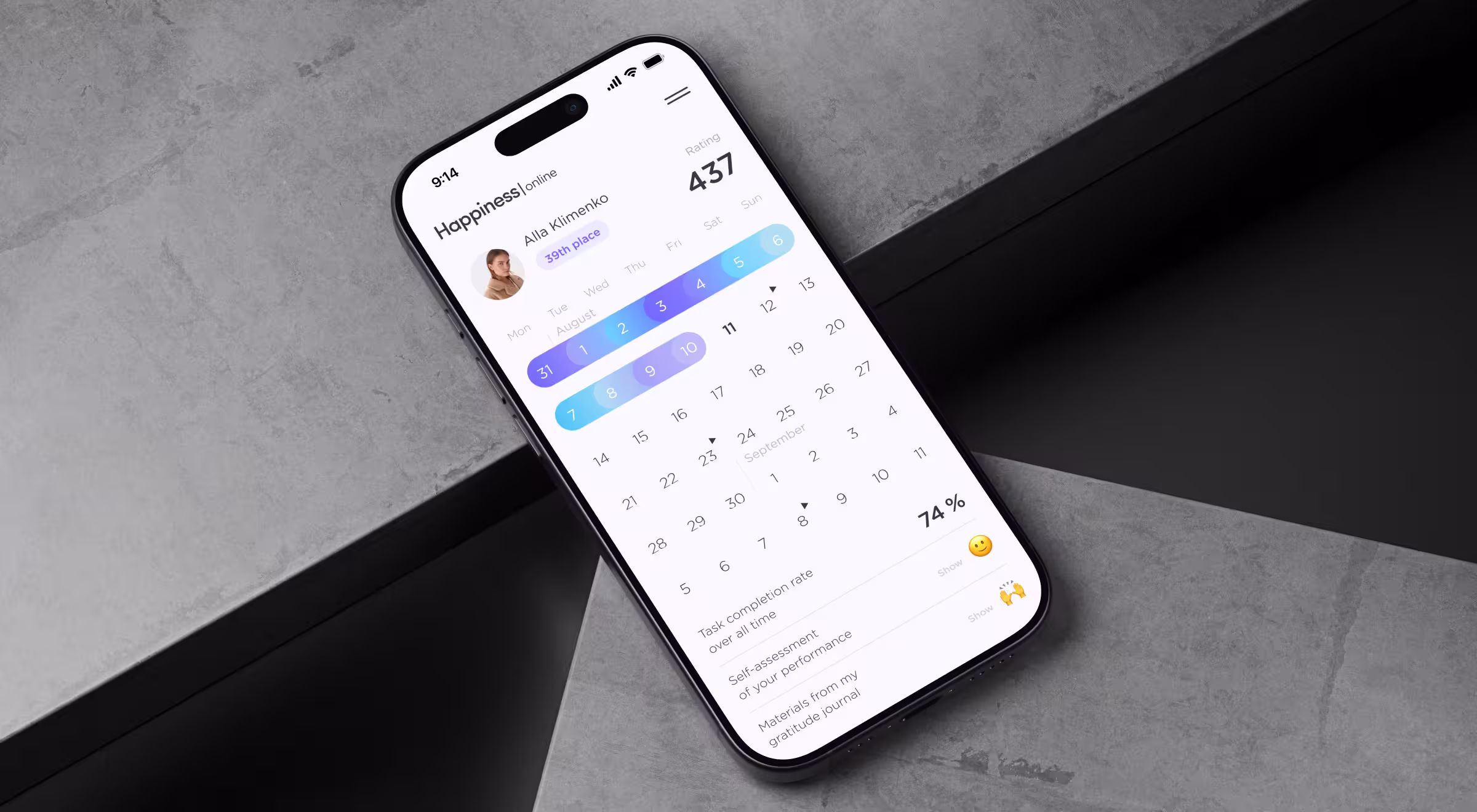 Smartphone mockup placed diagonally on a concrete-textured background, showing a clean mobile app interface titled “Happiness | online.” The screen displays a calendar view with colored progress bars across dates, a user profile labeled “Alla Klimenko” with a “39th place” badge, a rating score of 437, and a task completion rate of 74% at the bottom