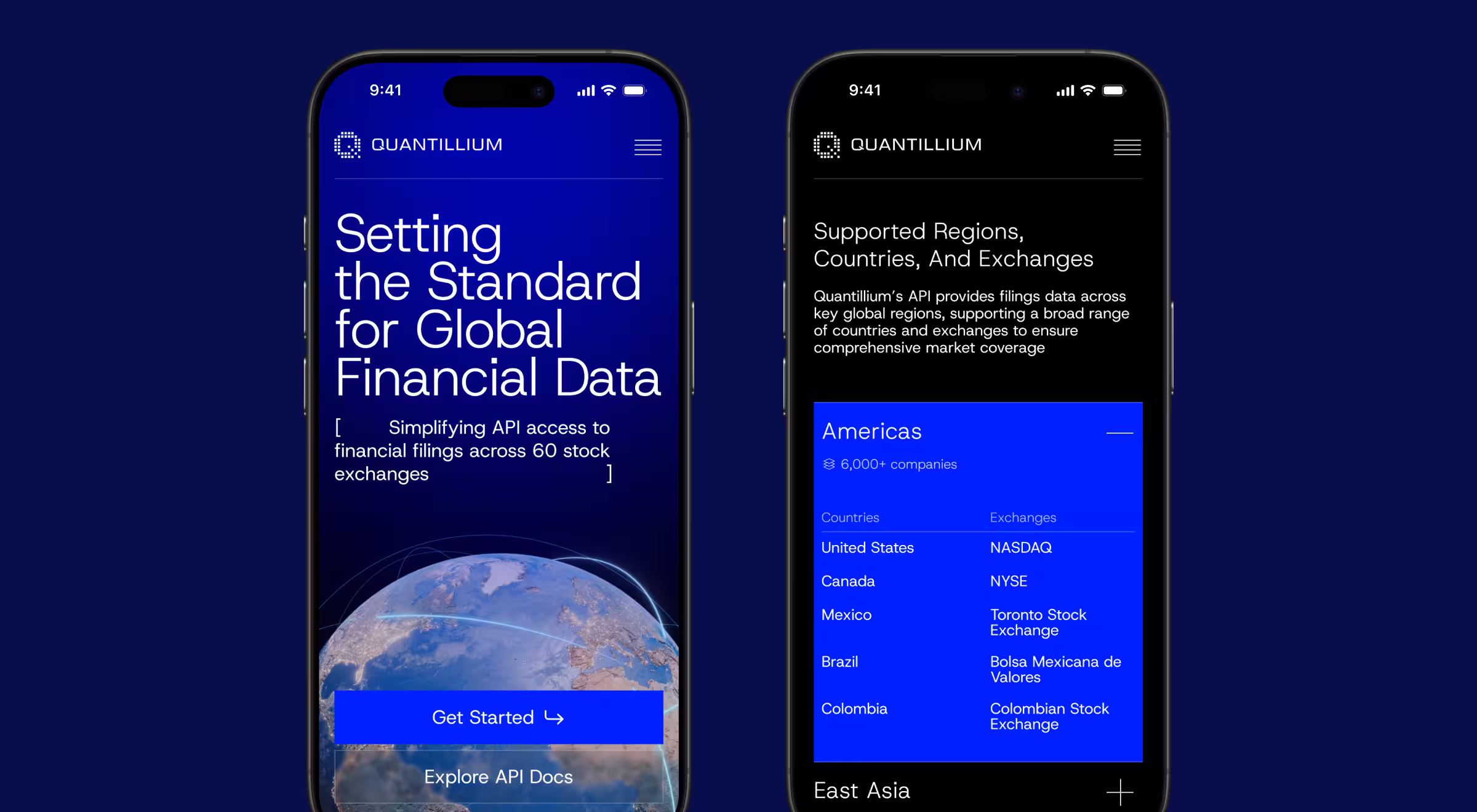 Two smartphones shown side by side on a dark blue background, displaying the Quantillium mobile website