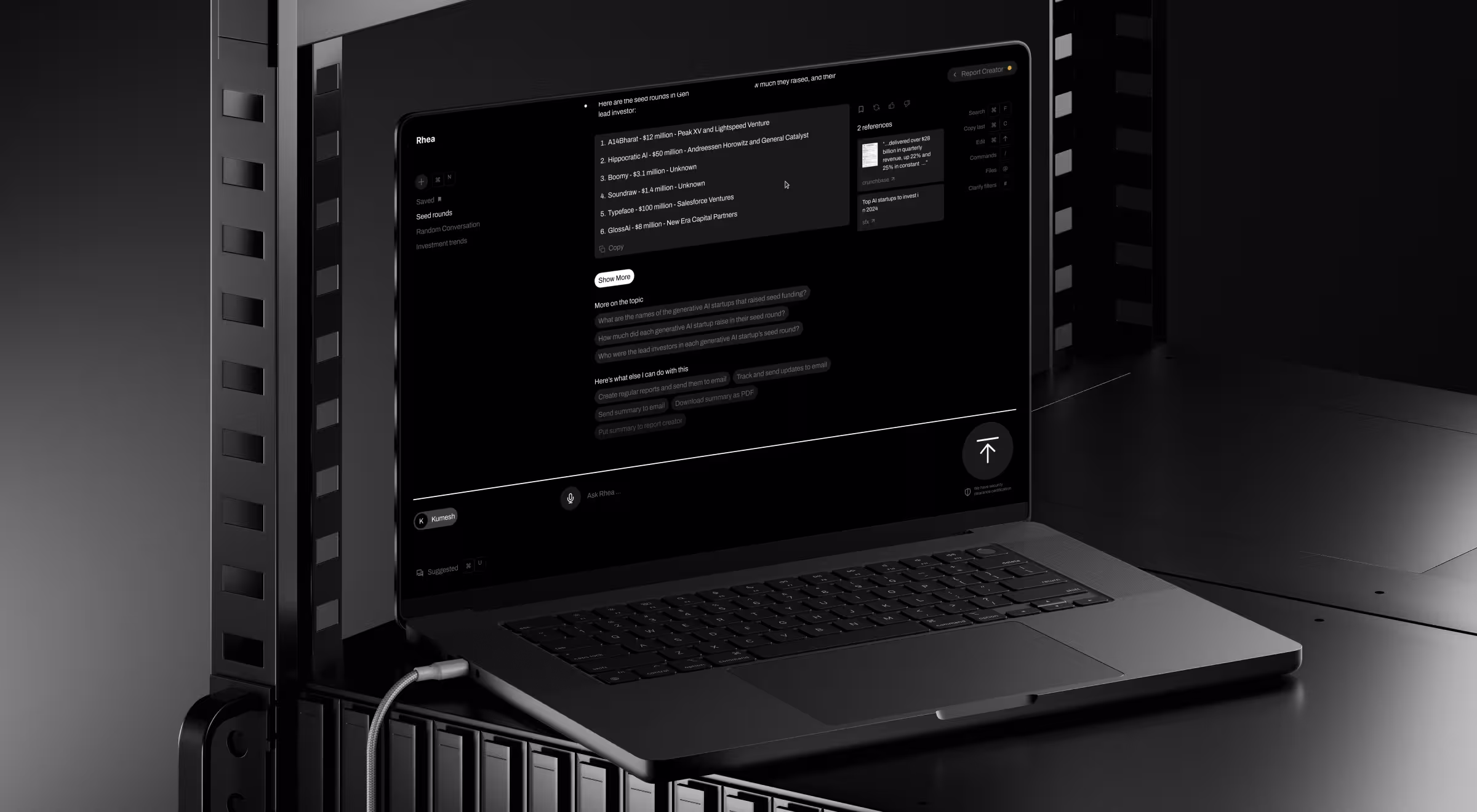 Dark, cinematic scene showing a laptop inside a server-rack–like environment
