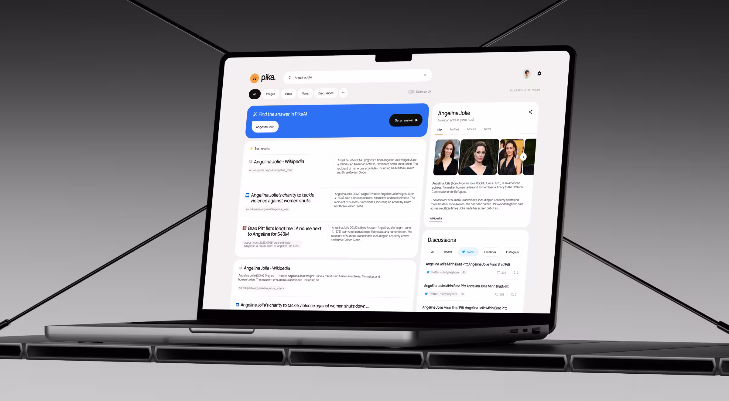Laptop displayed in a minimalist, metallic environment showing an AI-powered search interface