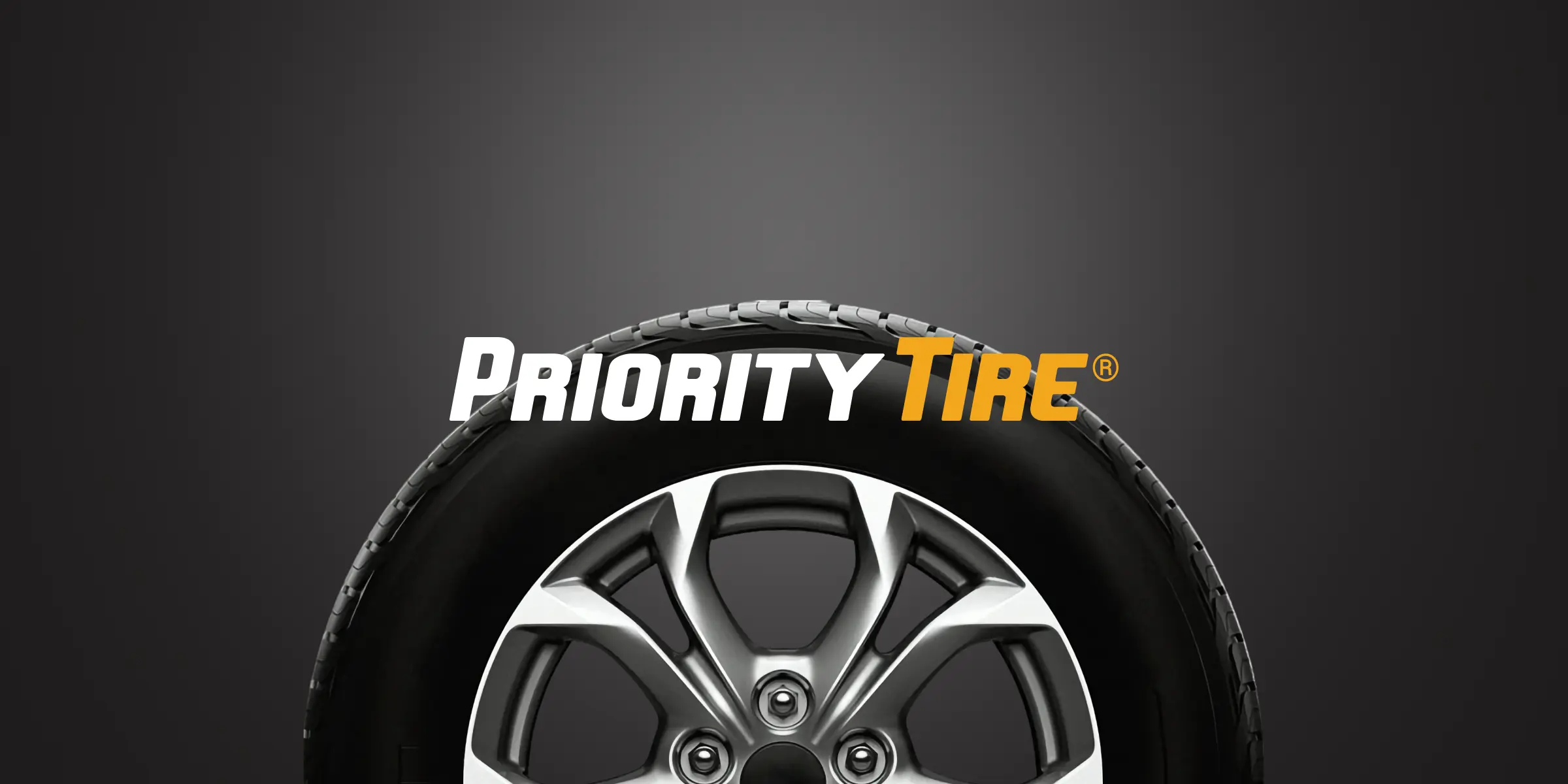 Logo design for "Priority Tire," featuring a sleek tire with an elegant wheel on a dark background.