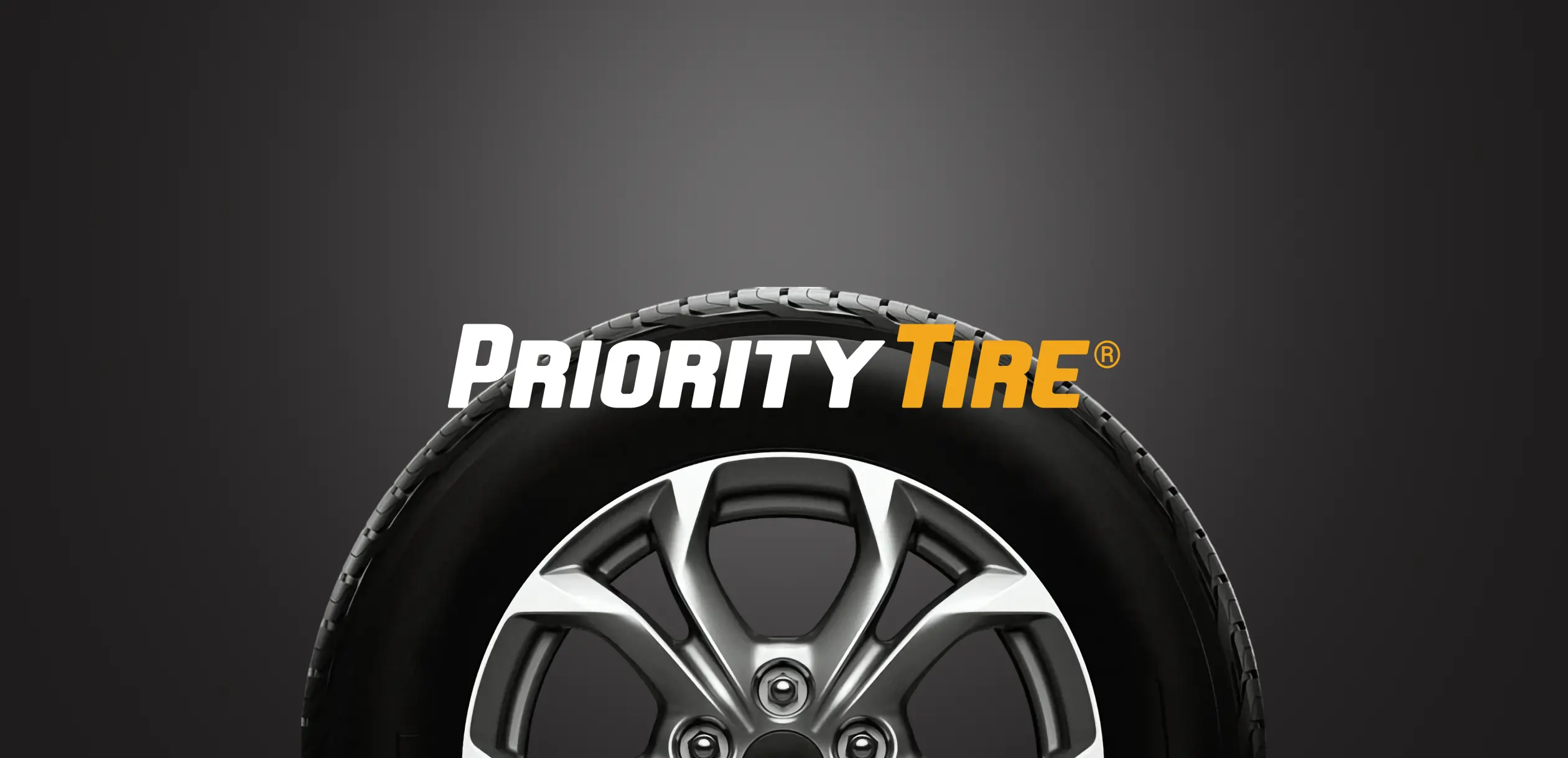 Logo design for "Priority Tire," featuring a sleek tire with an elegant wheel on a dark background.