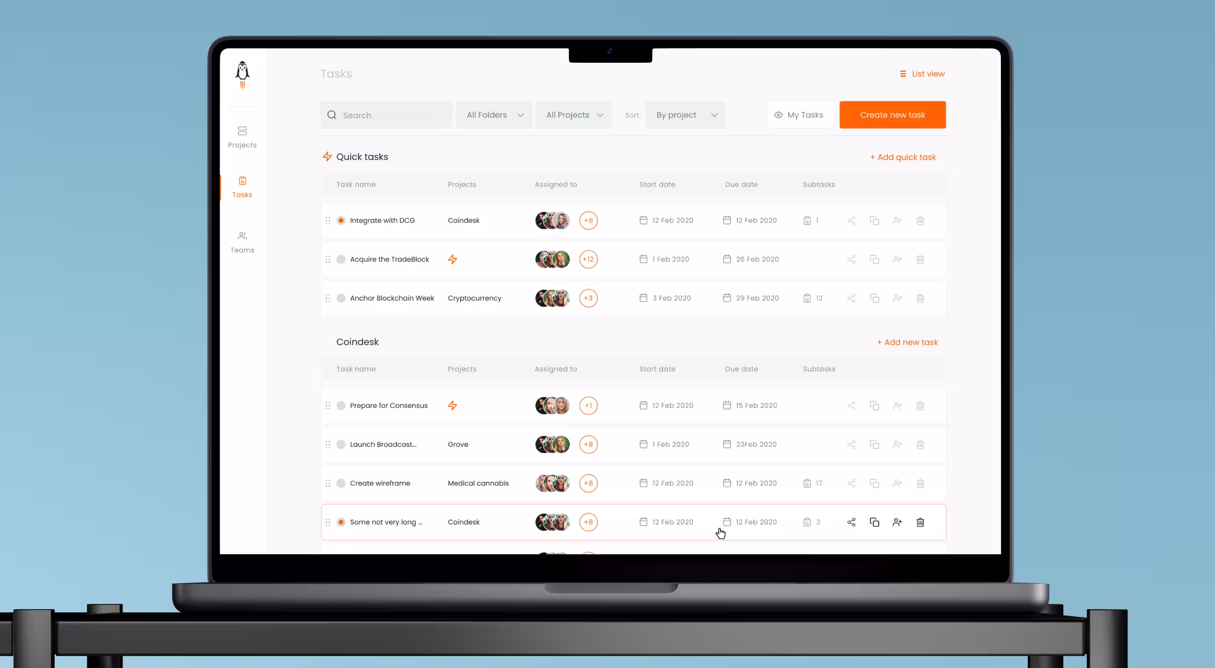 Laptop displaying a task management dashboard with project lists, assignees, and due dates