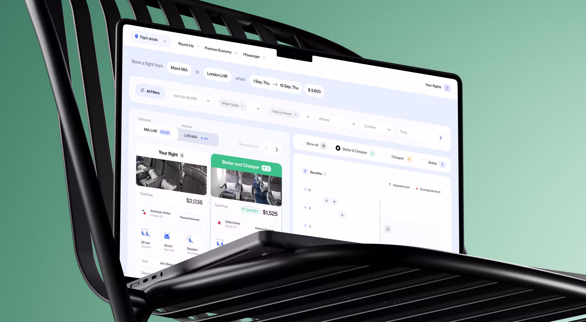 Laptop displaying a flight booking interface with filters, price comparison, and seat options