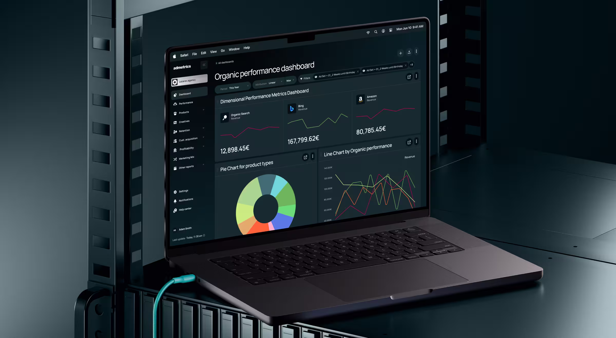 Laptop displaying an organic performance analytics dashboard with charts and revenue metrics