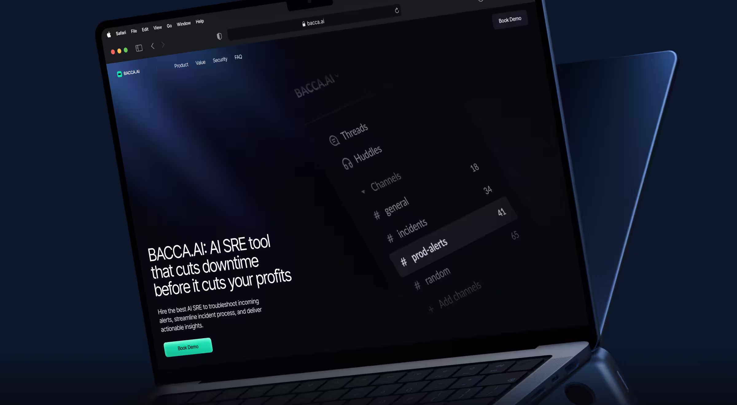 Laptop showing a dark-themed AI SRE platform interface focused on incident alerts and downtime reduction