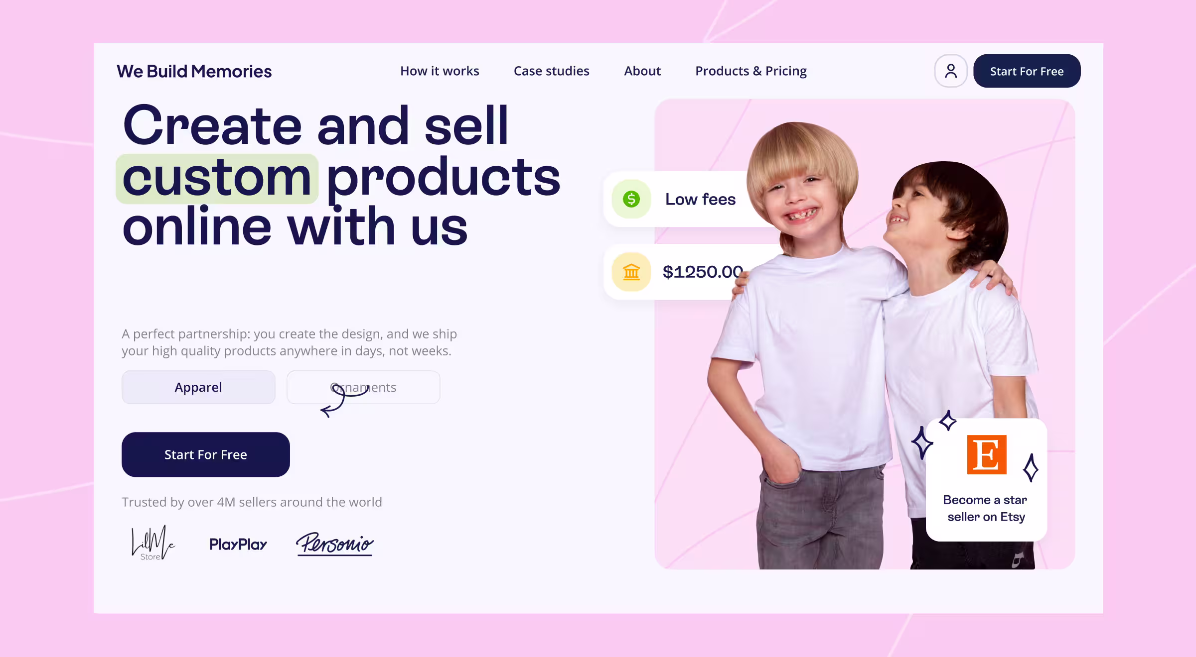 Landing page for a custom product platform featuring two kids in white T-shirts and a call to create and sell products online