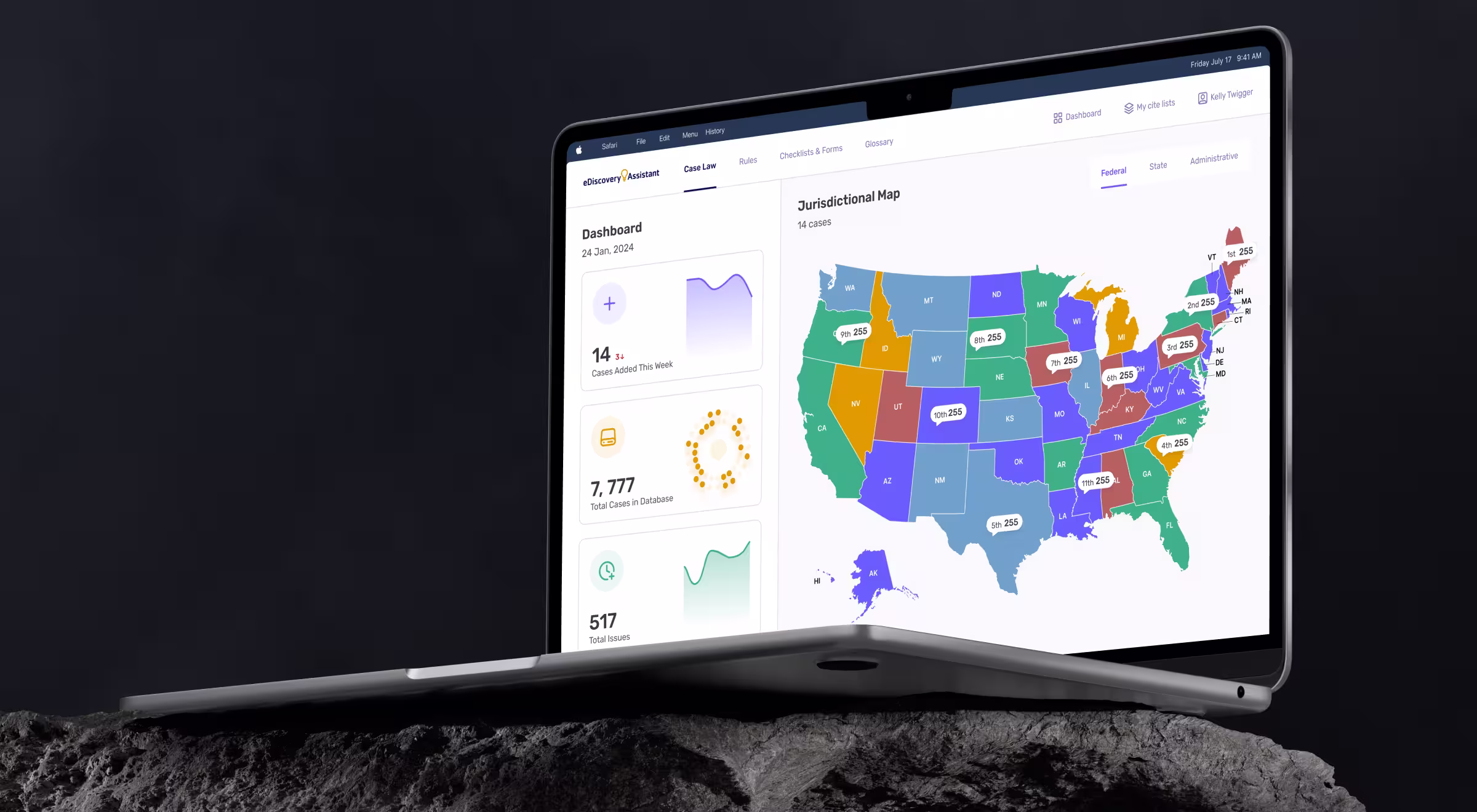 Legal analytics dashboard on a laptop showing a U.S. jurisdictional map and case metrics