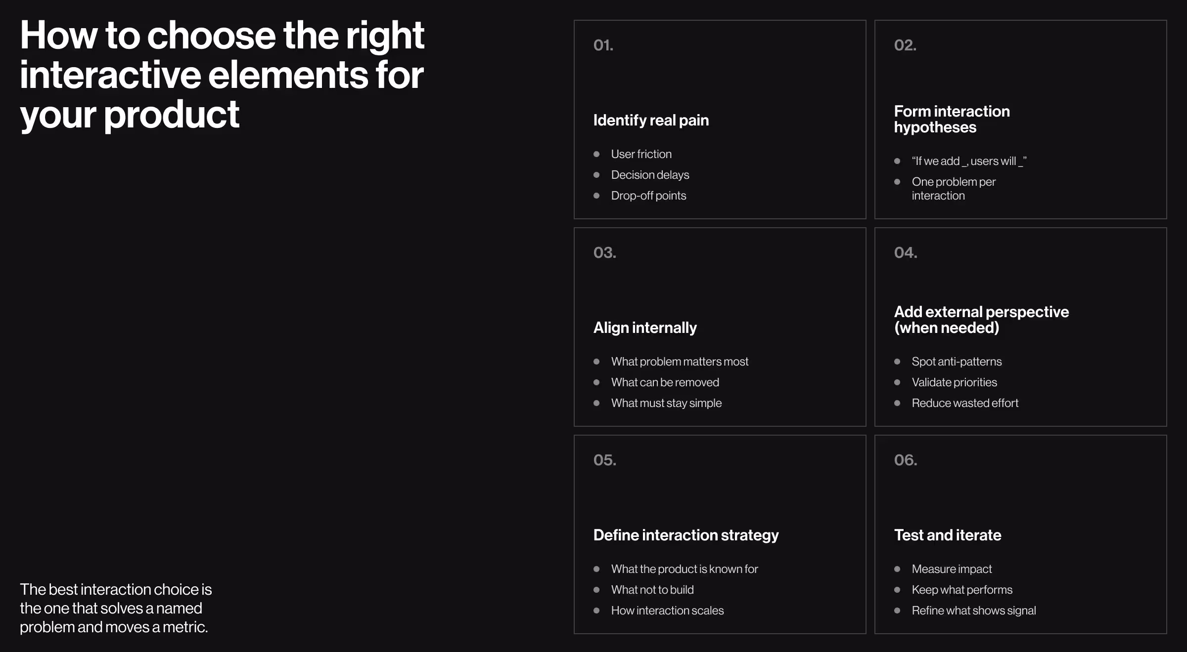 Framework slide outlining six steps to choose effective interactive elements in a product