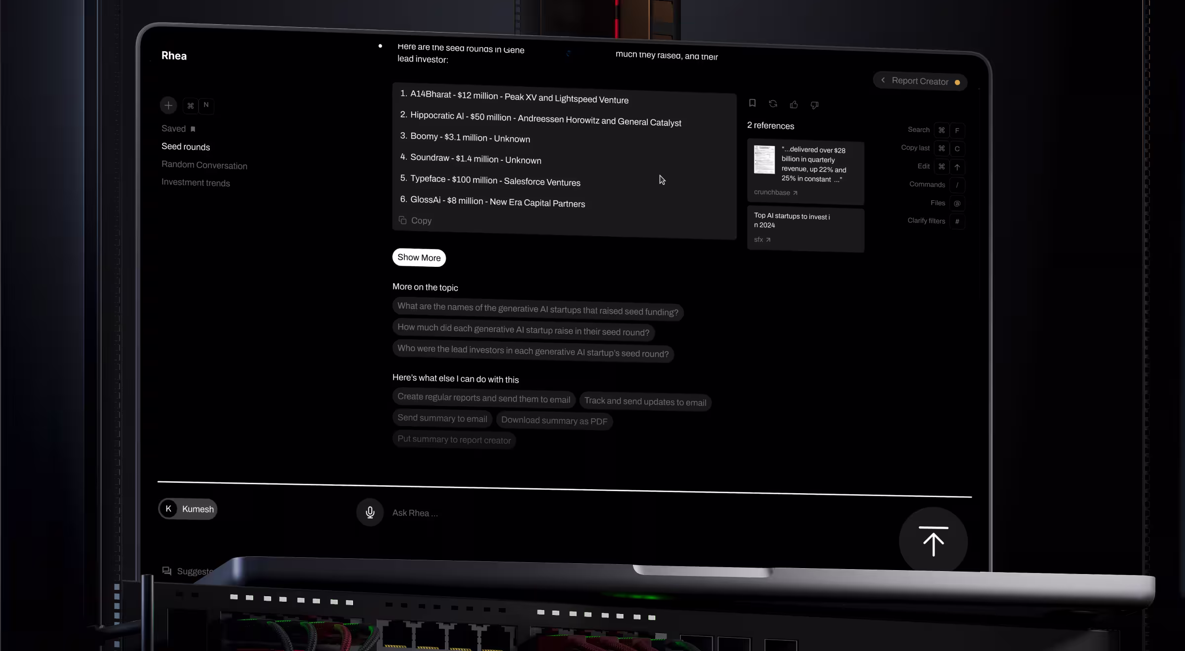 Dark-mode AI research interface on a laptop, displaying a summarized list of generative AI startup seed funding rounds with investors, references, and follow-up research actions in a server-room setting