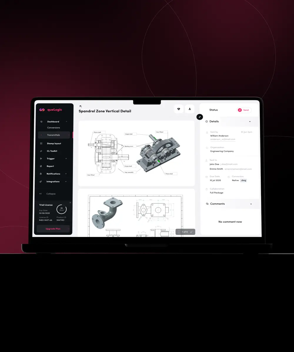 A laptop displays a design software interface, showing engineering documentation and schematics for a mechanical component.