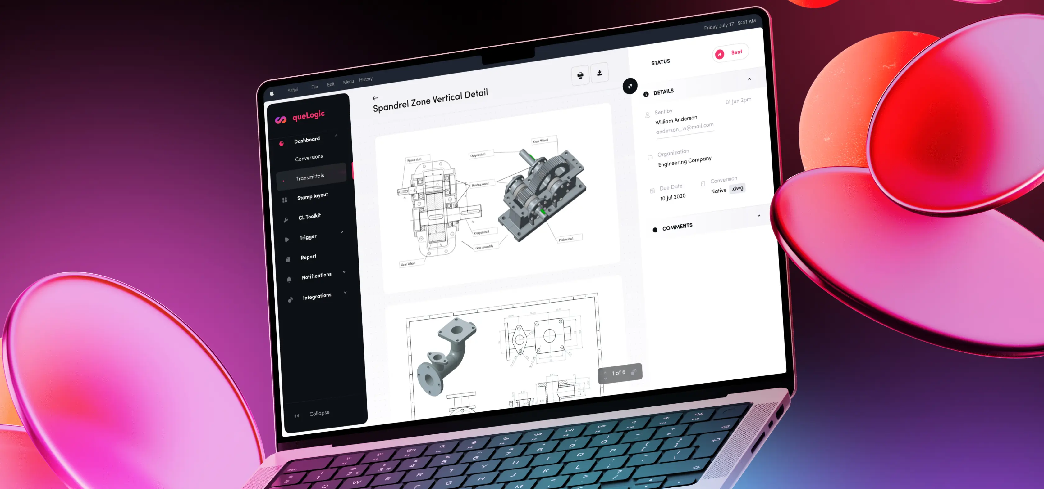 A laptop displaying engineering schematics and a user interface for a software tool, with vibrant abstract shapes in the background.
