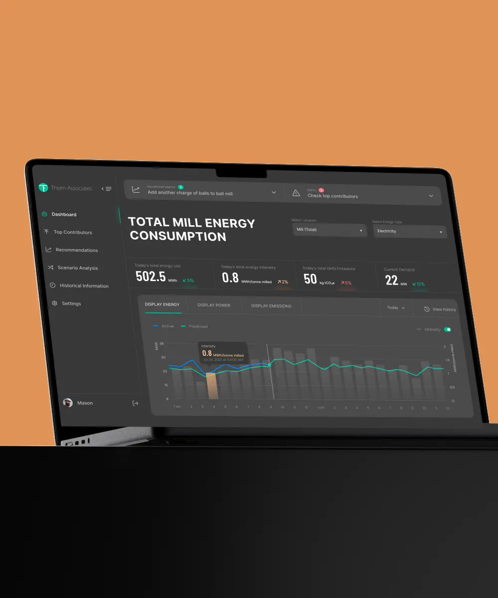 A laptop displays a dark-themed dashboard showing total mill energy consumption metrics and graphs.