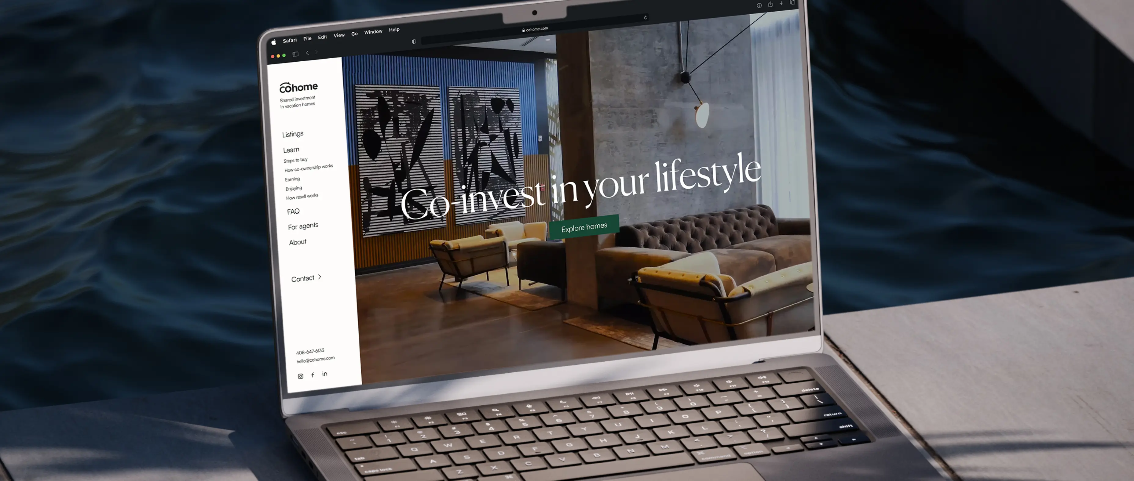 A laptop displays a real estate website featuring modern interior design, with the tagline "Go invest in your lifestyle."