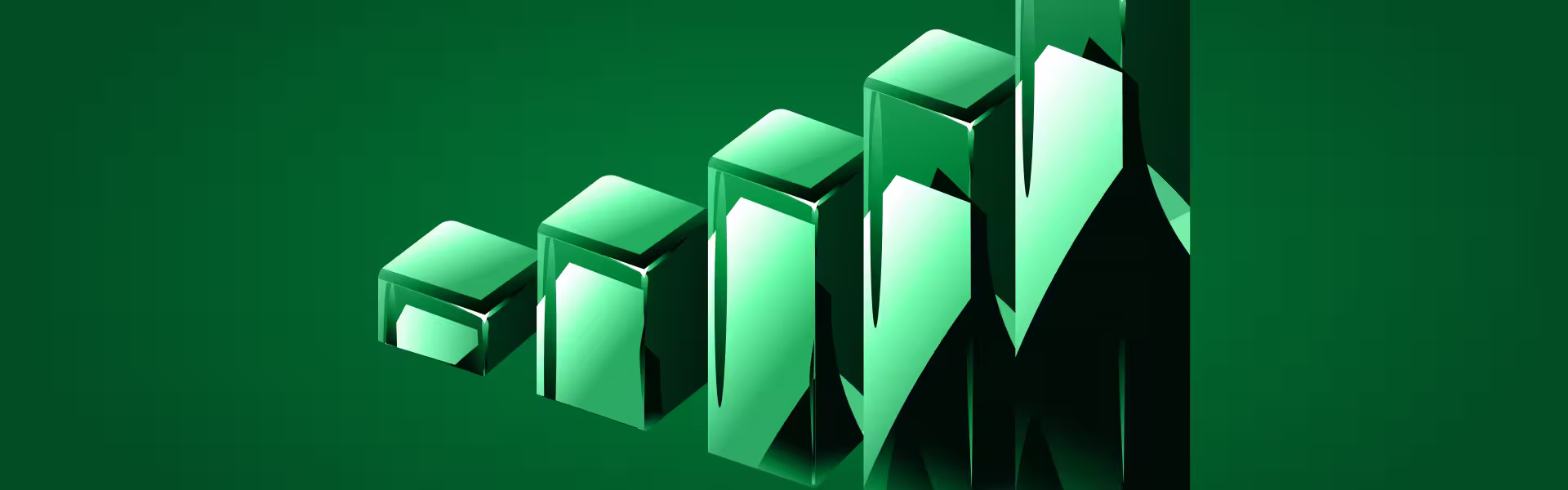 Abstract green 3D bars increasing in height from left to right, forming a stylized upward growth chart.