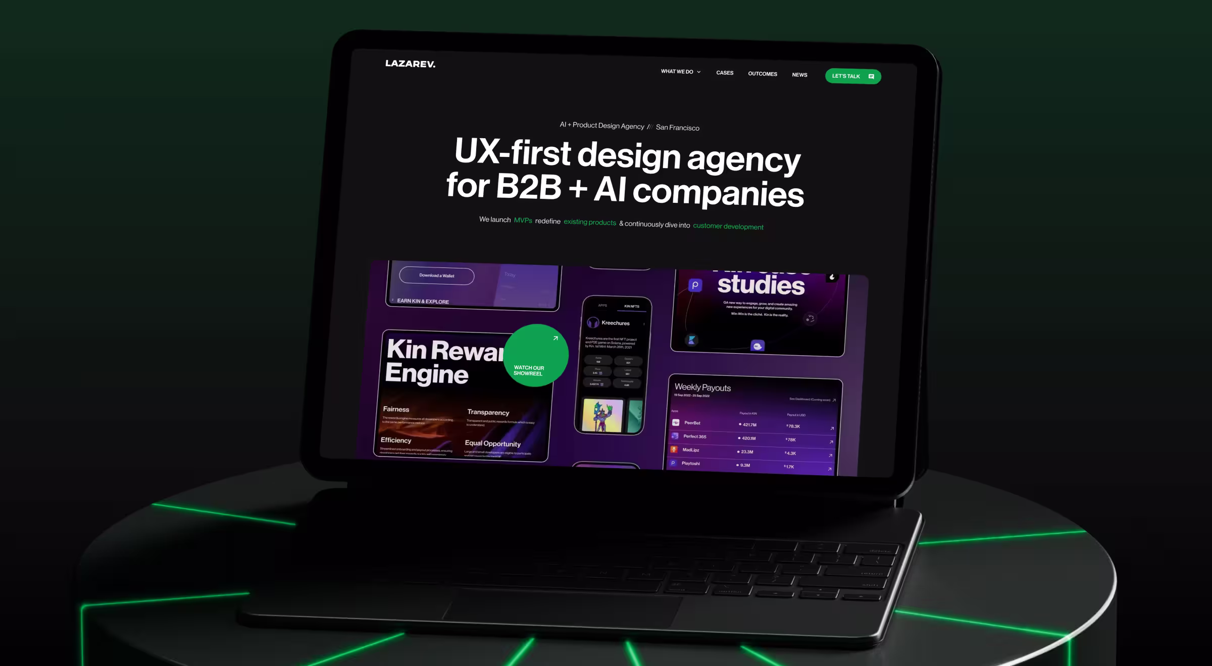 Laptop displaying Lazarev.agency homepage with “UX-first design agency for B2B + AI companies” headline on a dark green background with neon accents
