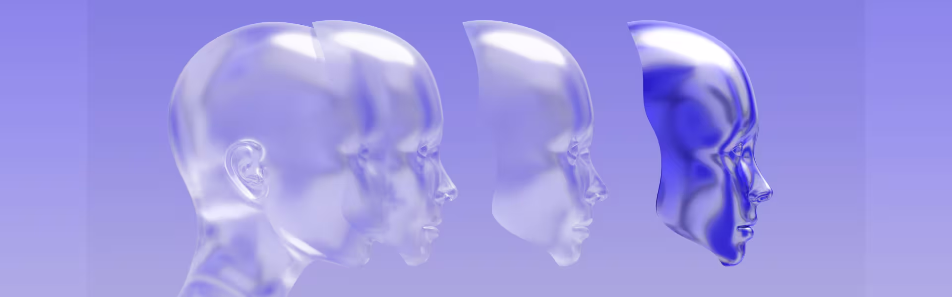 Abstract 3D render of translucent human head profiles in sequence, transitioning from clear to deep blue against a soft purple background