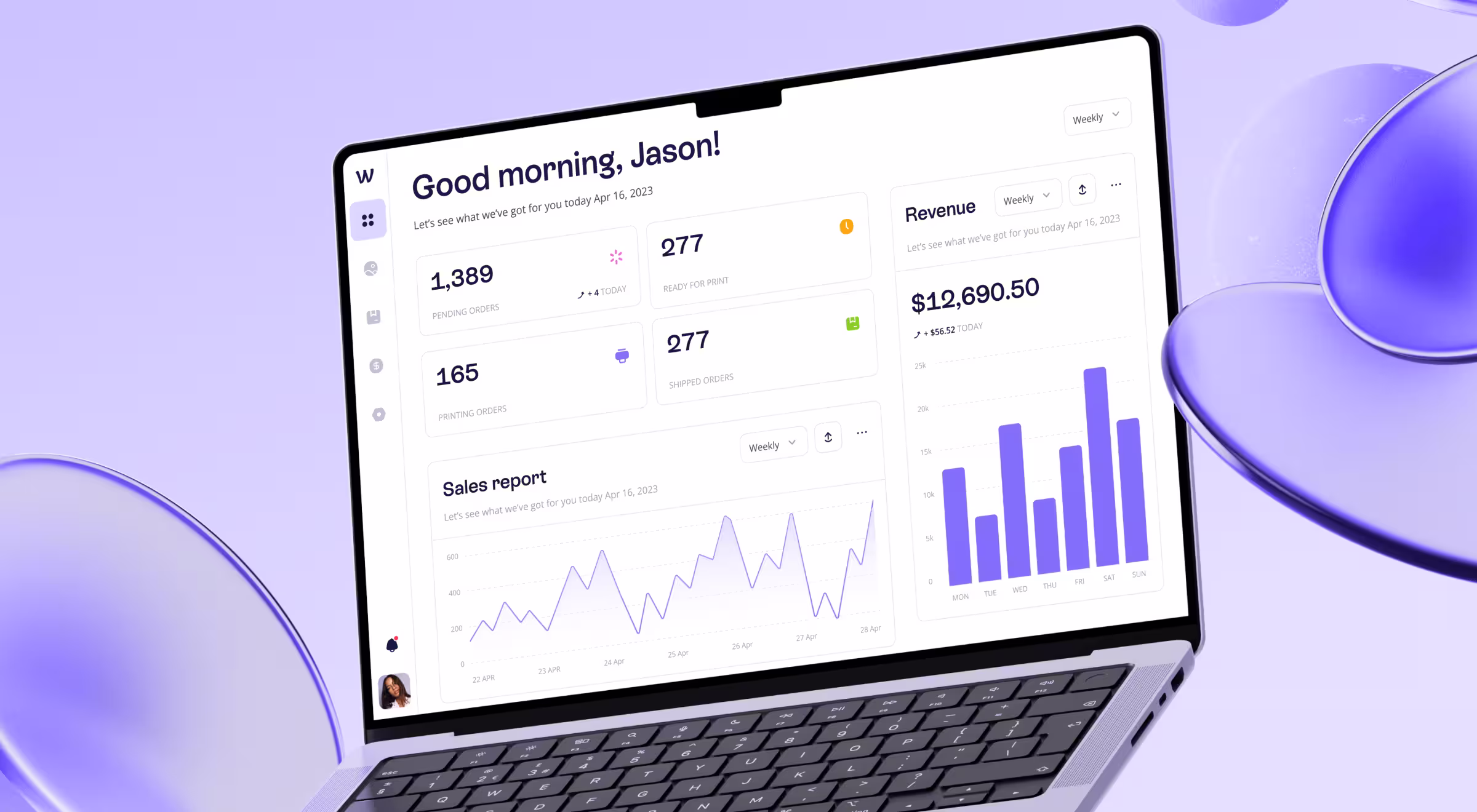 SaaS analytics dashboard UI with revenue, sales, and performance metrics