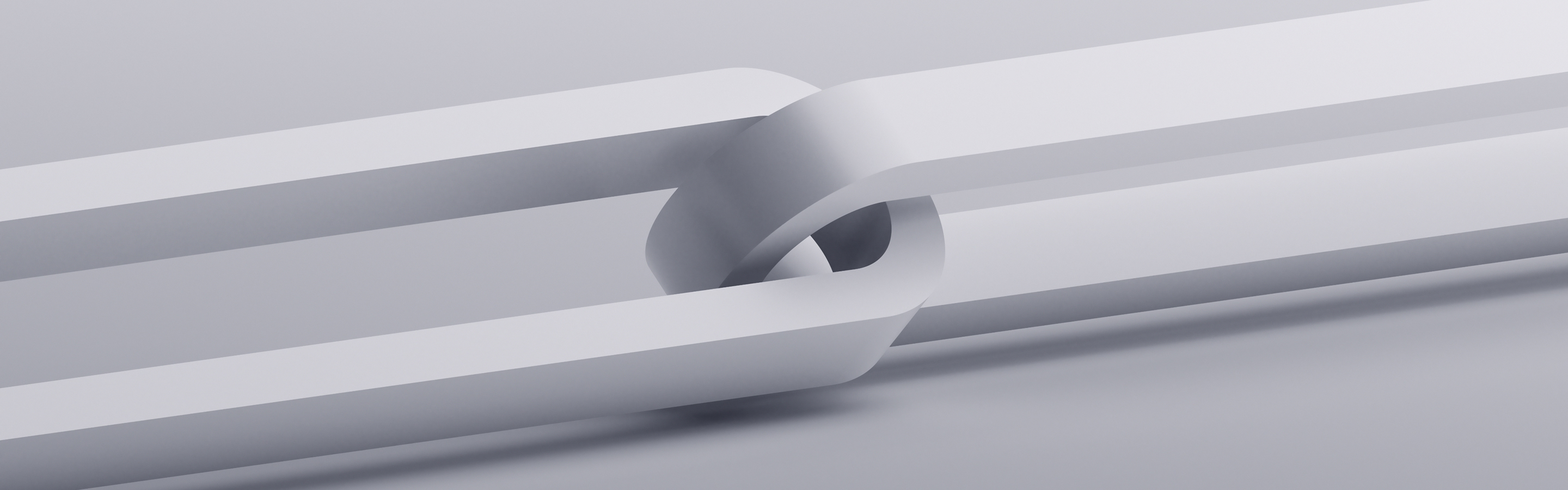 Abstract rendering of two smooth, interconnected white chains on a soft gray background, symbolizing unity and connection.