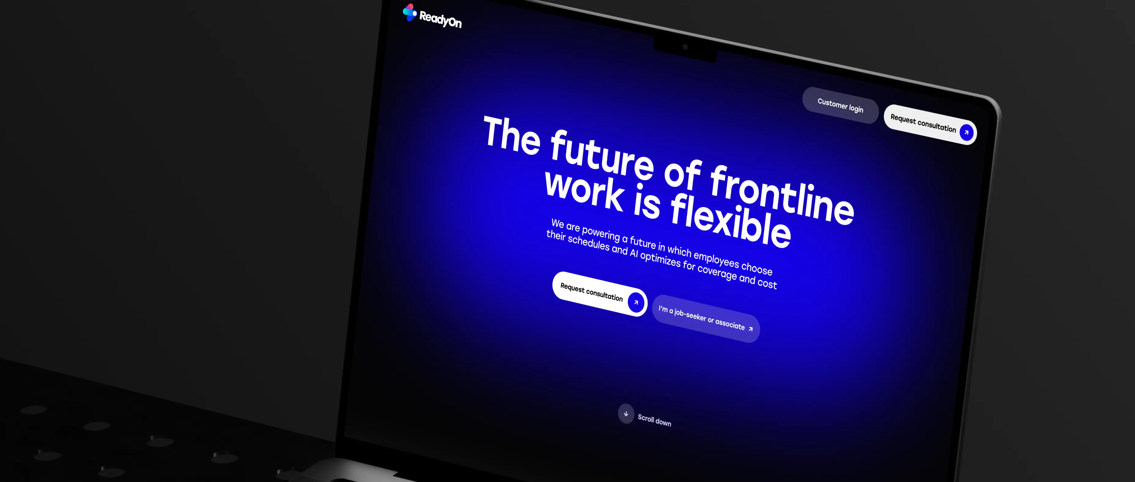A laptop screen displaying a dark blue background with bold text about flexible frontline work and options for consultation and job seekers.