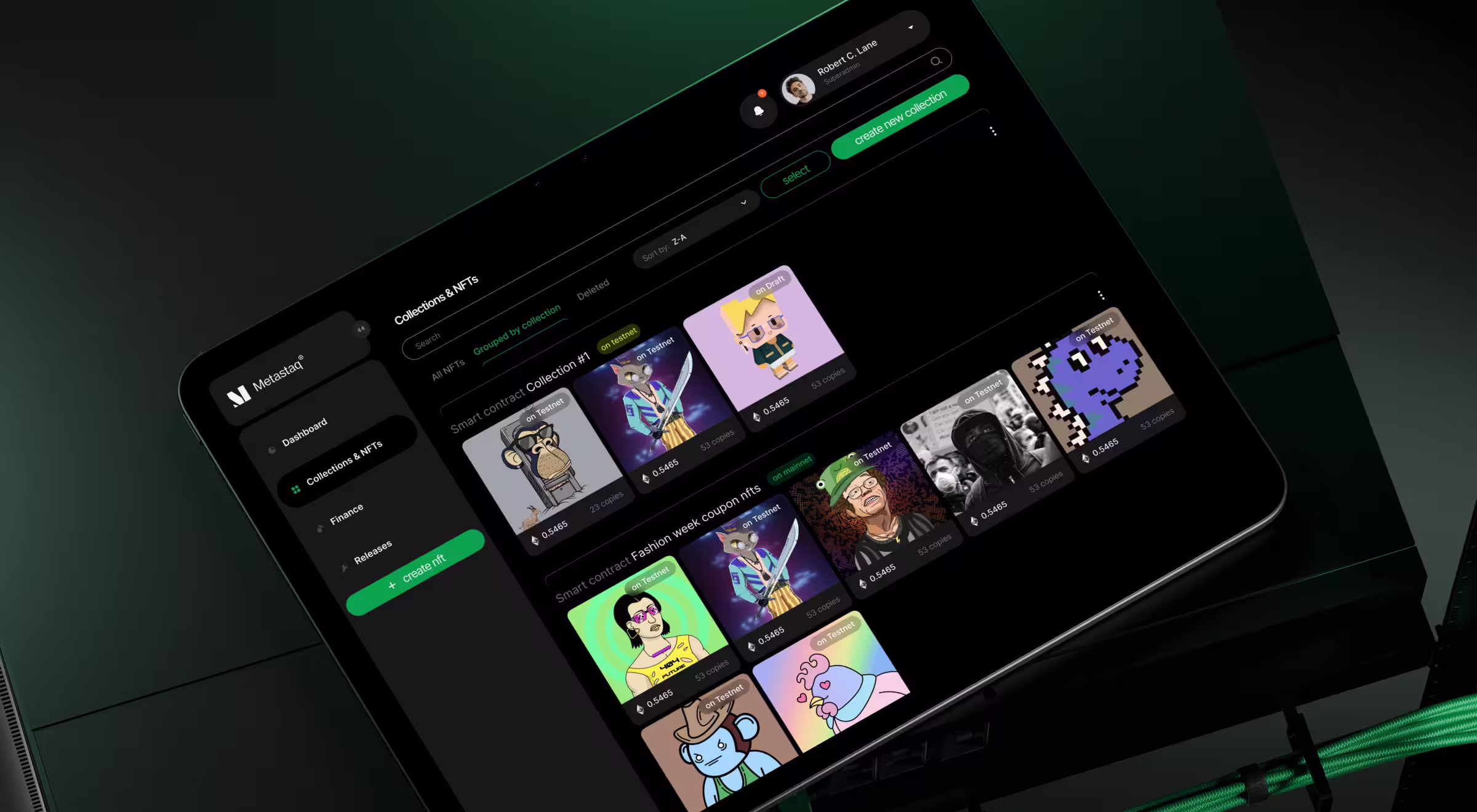 NFT marketplace dashboard UI for managing digital collections and Web3 assets