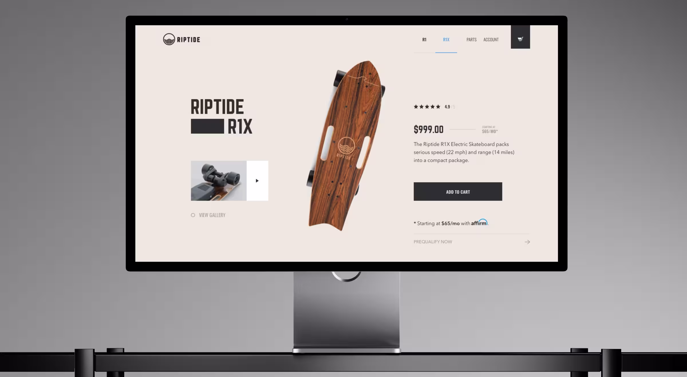 E-commerce product page UI for a premium electric skateboard, highlighting product visuals, pricing, specs, and a clear purchase flow designed for conversion