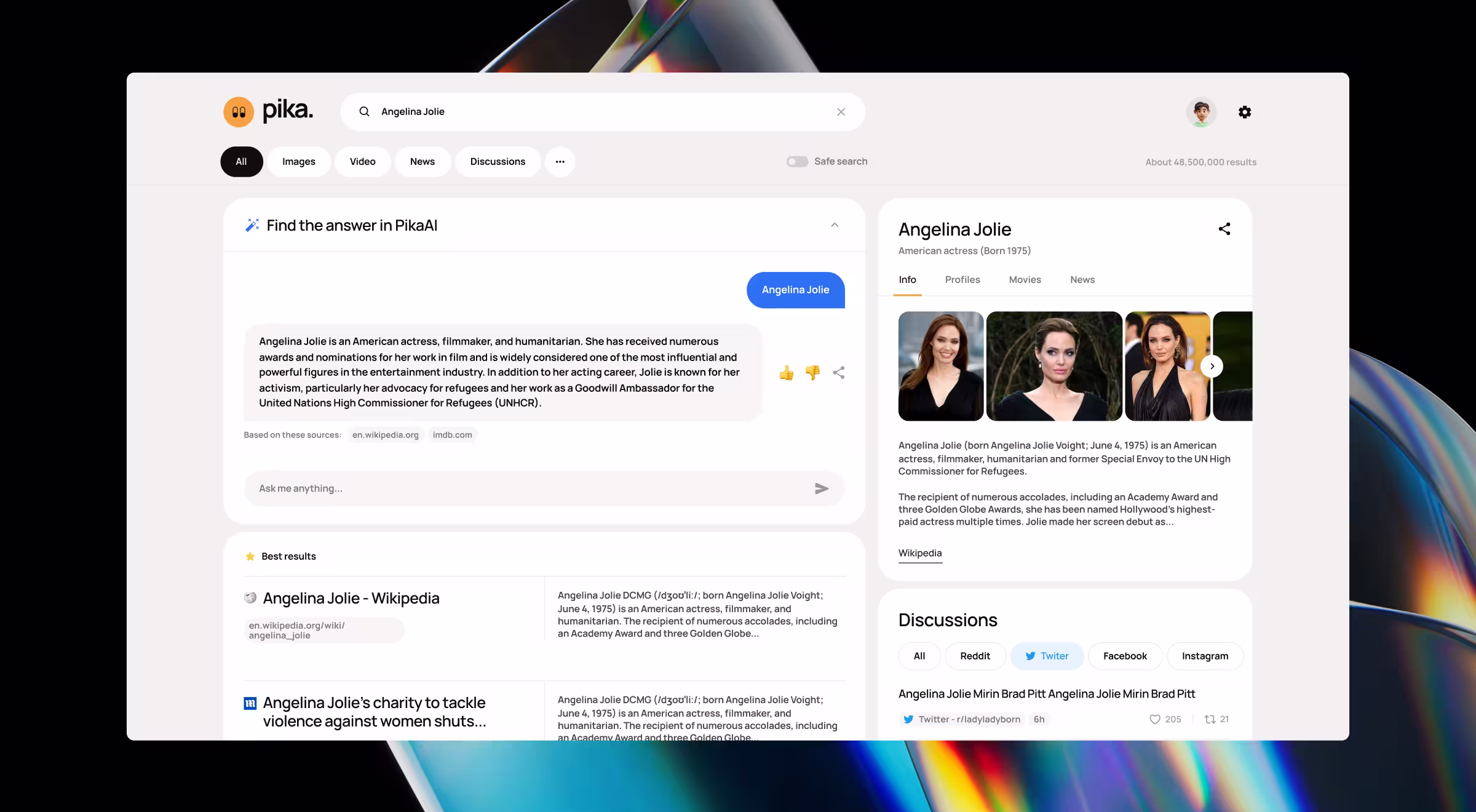AI-powered search interface combining conversational answers, traditional results, and entity panels to deliver structured, multi-source insights in one view