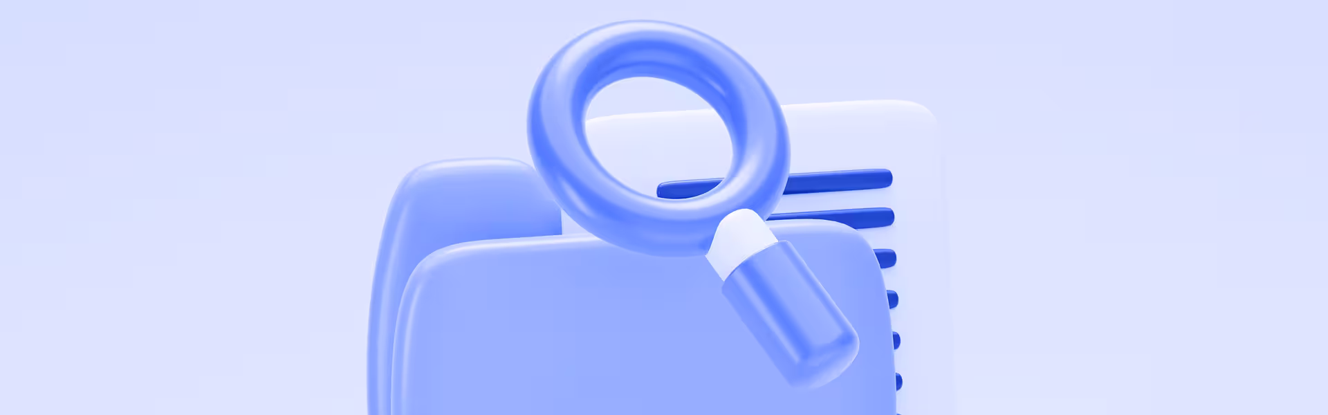 3D illustration of a magnifying glass over stacked documents, representing search, research, data analysis, and information discovery